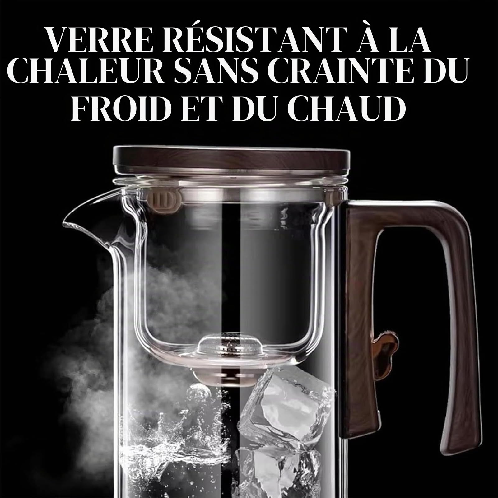 Enchantipot Théière en verre avec infuseur, séparation magique de l'eau, poignée en bois, verre borosilicate résistant à la chaleur, avec passoire (700 ml, transparent)
