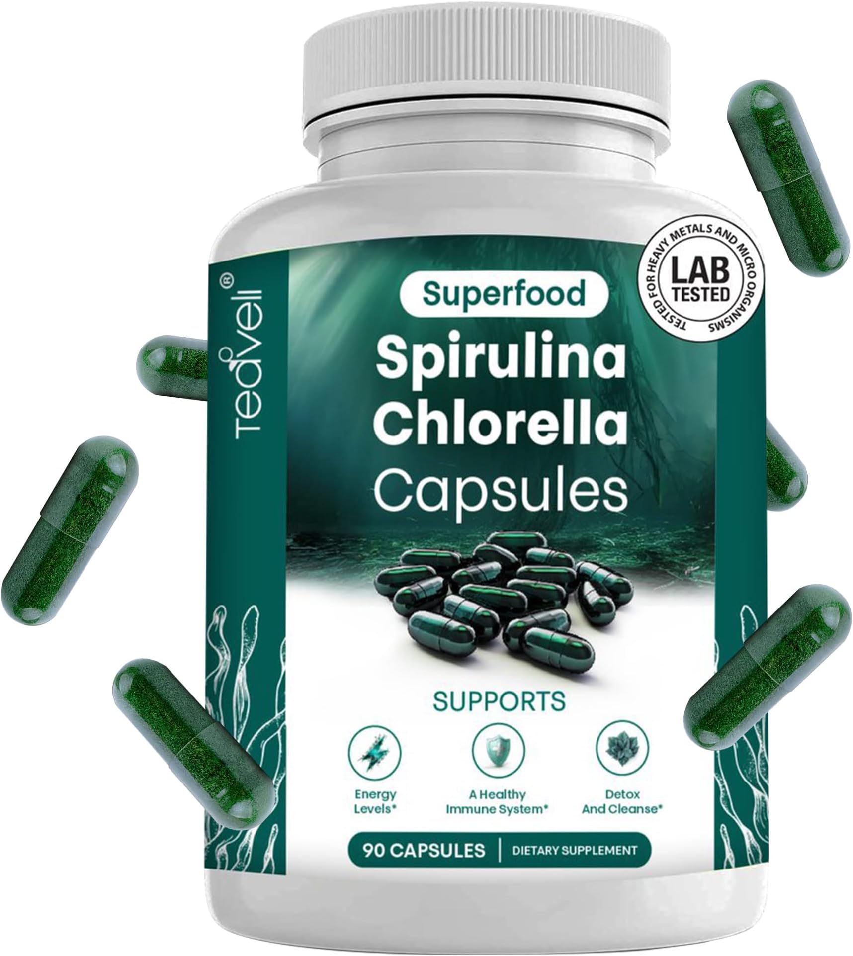 Spirulina and Chlorella Capsules – Chlorophyll Pills & Blue Green Algae to Support Powerful Detox, Energy & A Healthy Immune System– 3X More Chlorella Spirulina Powder/Serving – 90 Ct