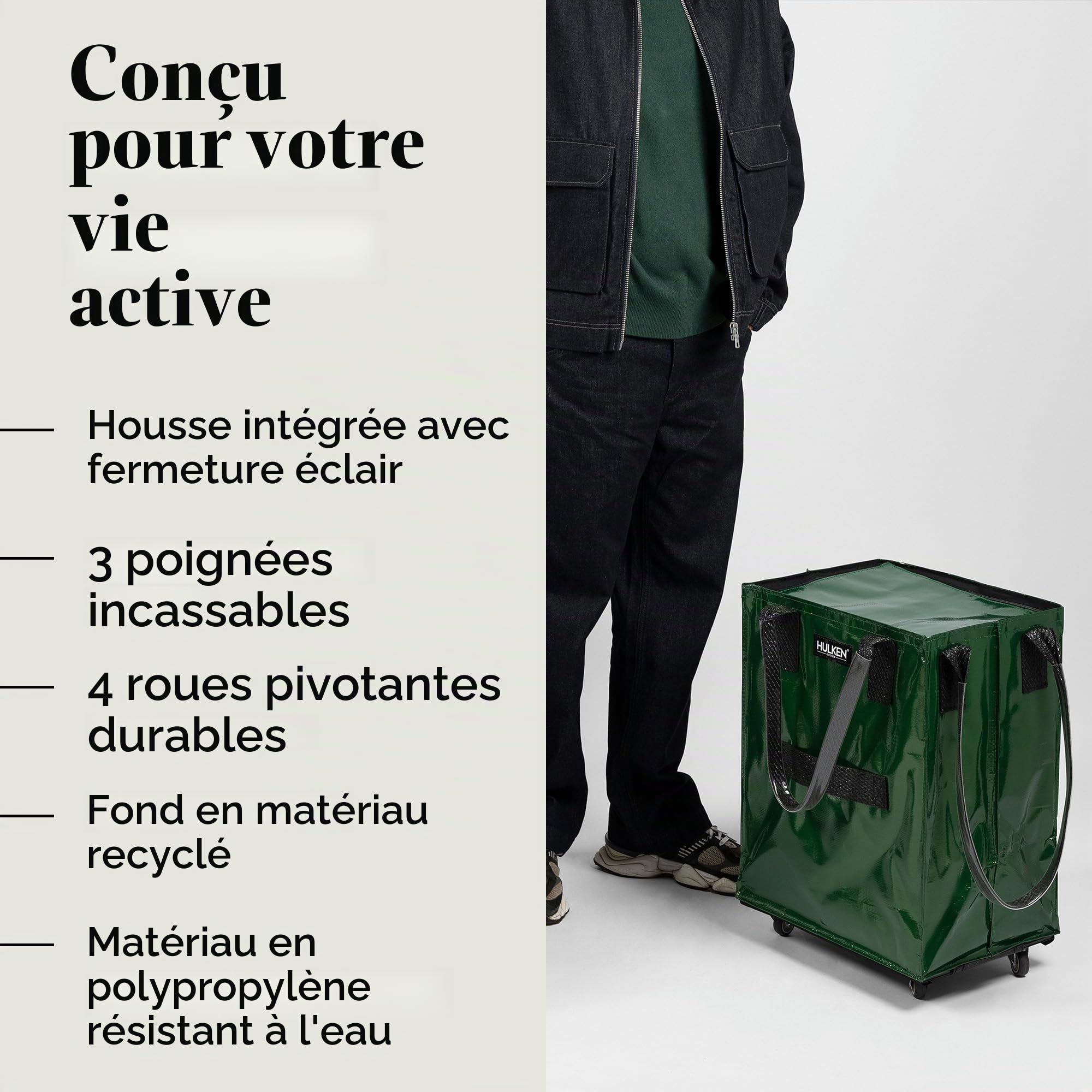 HULKEN - Sac d'épicerie réutilisable sur roulettes, chariot de courses, sac à roulettes, fermeture éclair, léger, peut transporter jusqu'à 30 kg, se replie à plat, poignées incassables