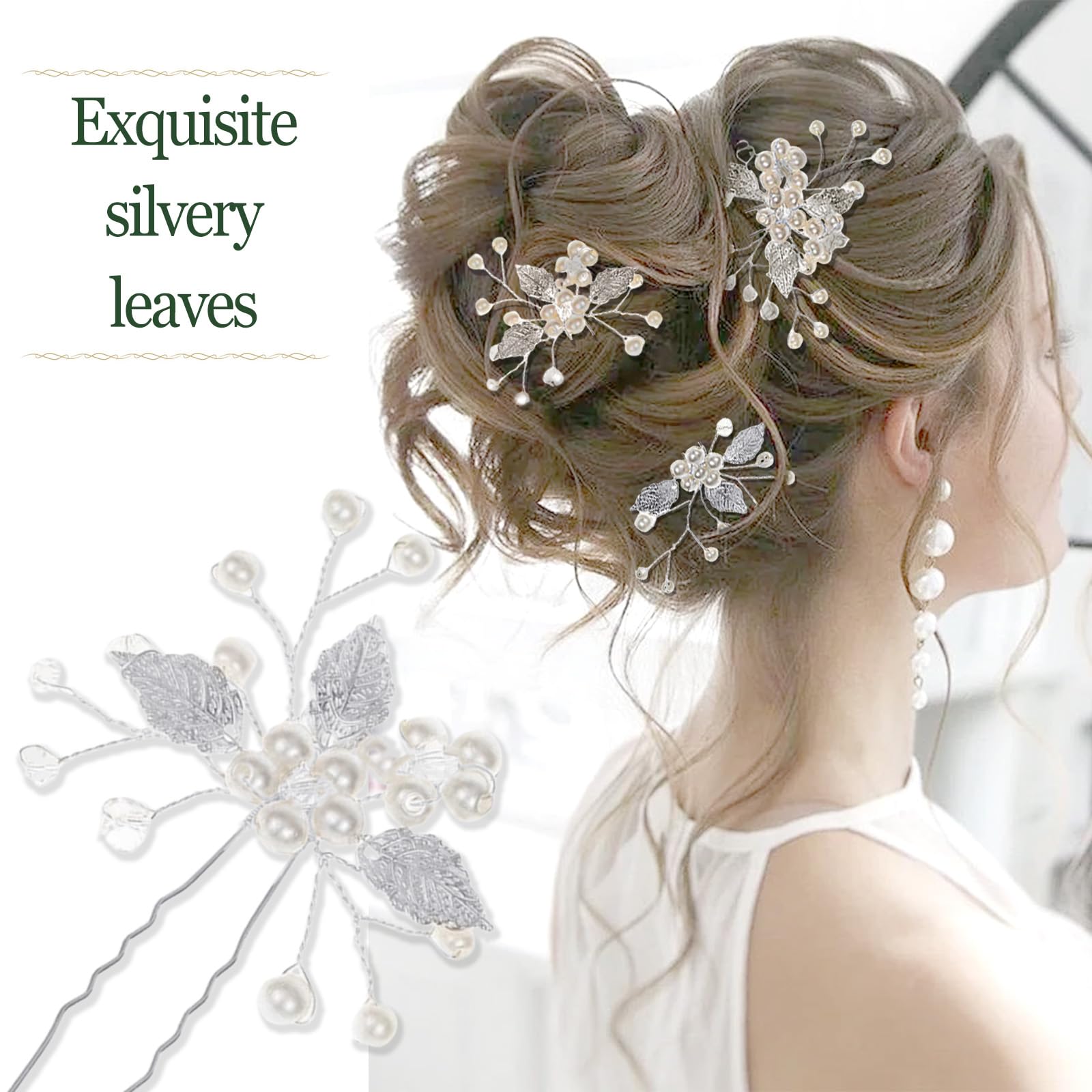 3PCS Silver Leaf Hair Pins U-Shaped Wedding Hair Accessories for Women and Girls, Bride Silver Hair Clips Leaf Headpiece for Bridesmaids, Prom, Party Updo Styling - Image 4