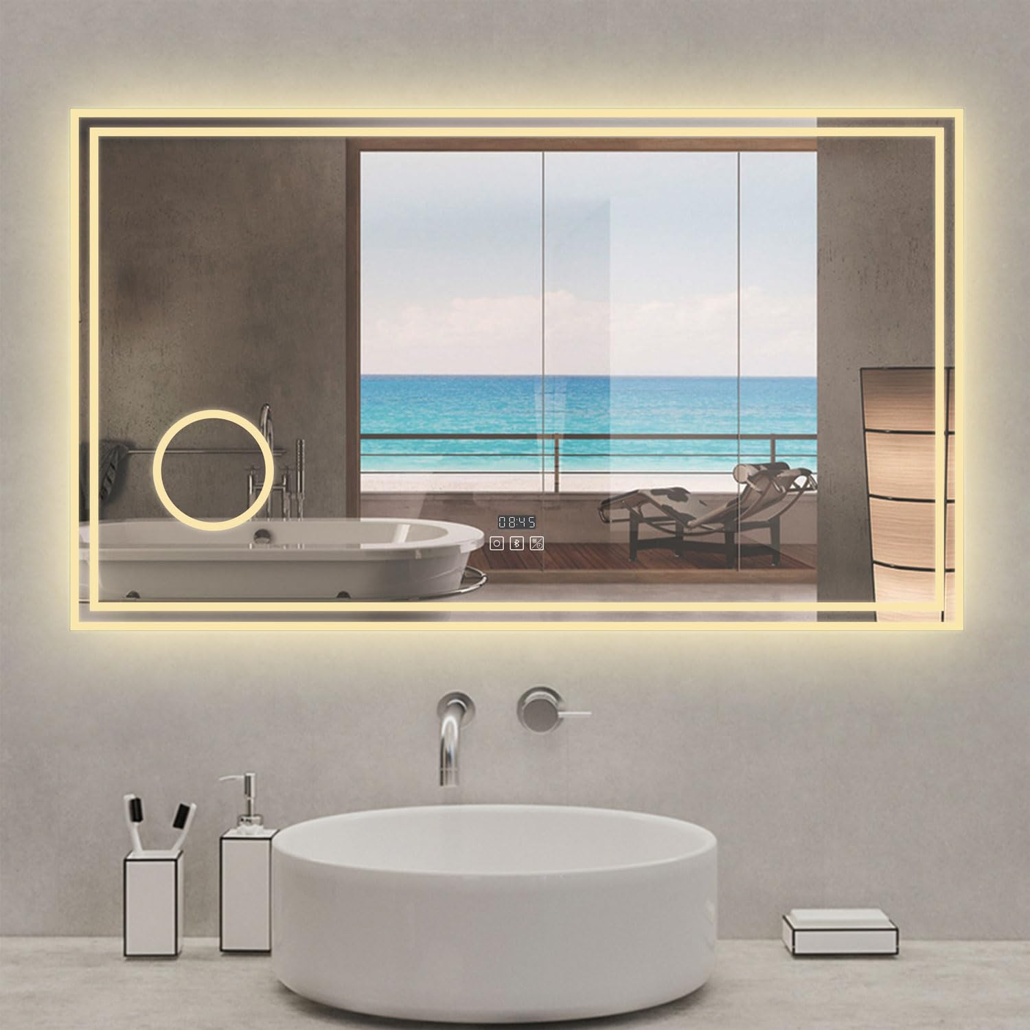 Espejo de baño con luz LED,120 x 70 cm, AICA Espejo, con luz led 3 Colores, función antinieble, Memoria agapada, billo Ajustable Bluetooth, Lupa con Aumento de 3X y Reloj Digital. Diseño Moderno.