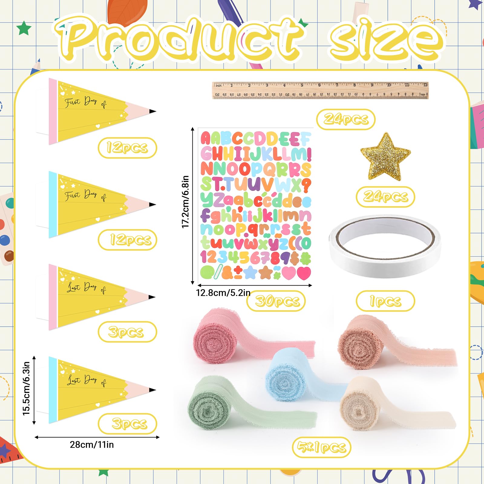 24 Set First Day of School Flag DIY 2025 Back to School Pennants Last Day Of Preschool Kindergarten Sign With Ribbons Ruler Make Your Own School Photo Prop for Kids Classroom Decoration