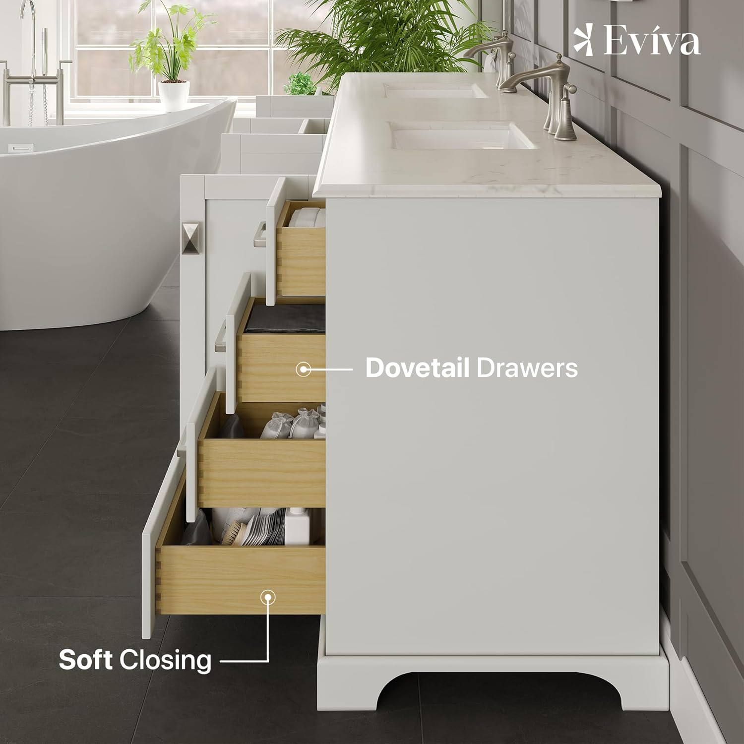 Eviva Storehouse Freestanding Double Sink Bathroom Vanities - White 84” Vanity with Sink and Countertop - Solid Wood Bathroom Sink Vanity