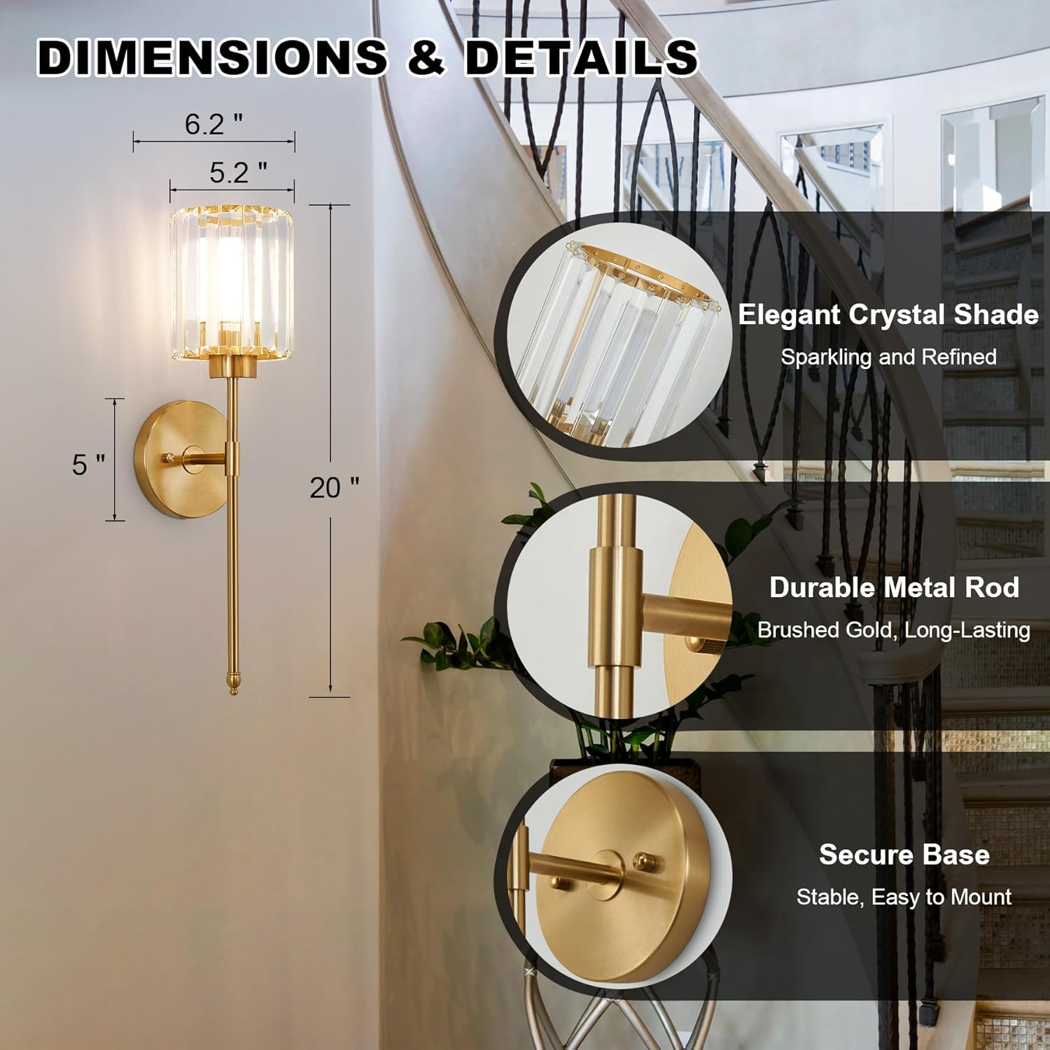 Rechargeable Wireless Wall Sconce Set of 2, Crystal Battery Operated Wall Sconce with Magnetic Bulb, Dimmable 3CCT & 12 RGB Gold Sconces Wall Lighting for Bedroom Living Room Hallway Bathroom