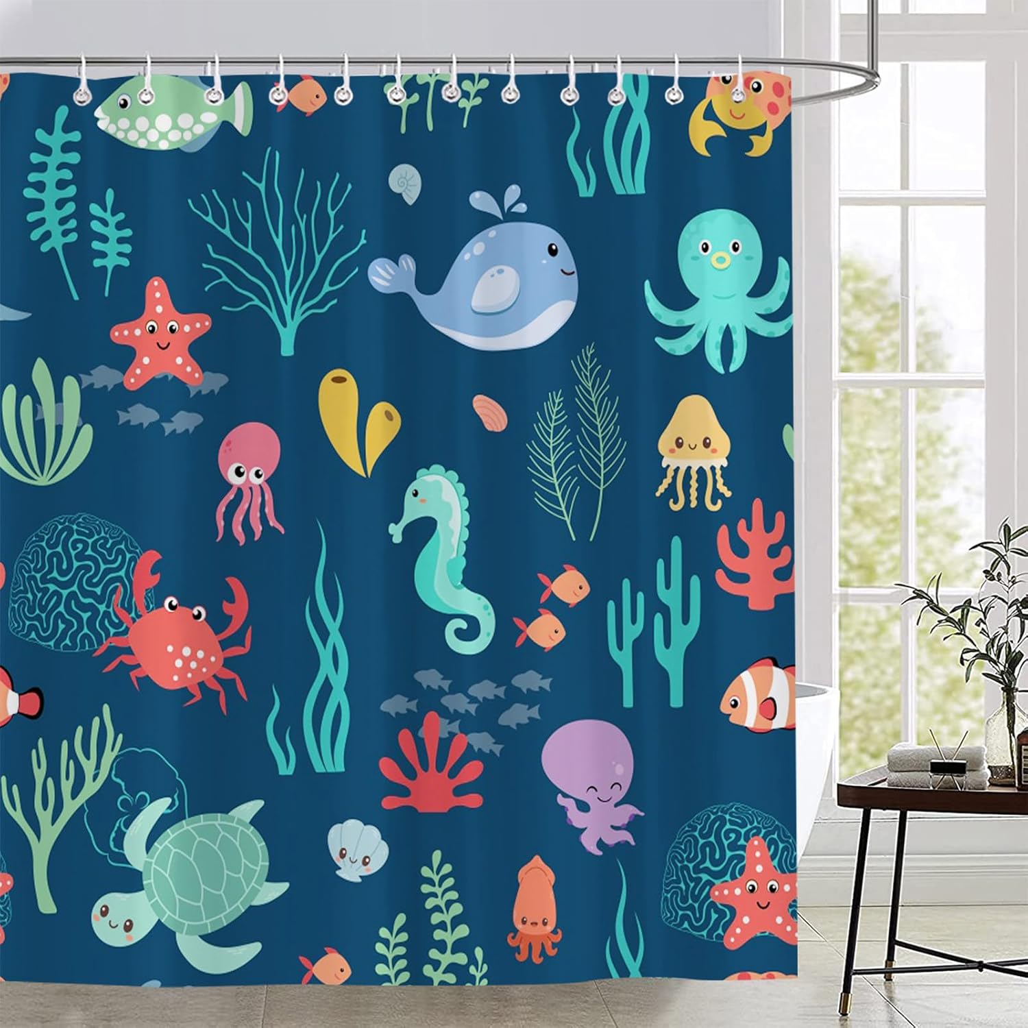 Kids Sea Animal Shower Curtain Funny Whale Cute Cartoon Fish Ocean Undersea Coral Starfish Navy Blue Boys Girls Fabric Bathroom Decor Set with Hooks 70X90 Inch, YL4775AM-180X230CM