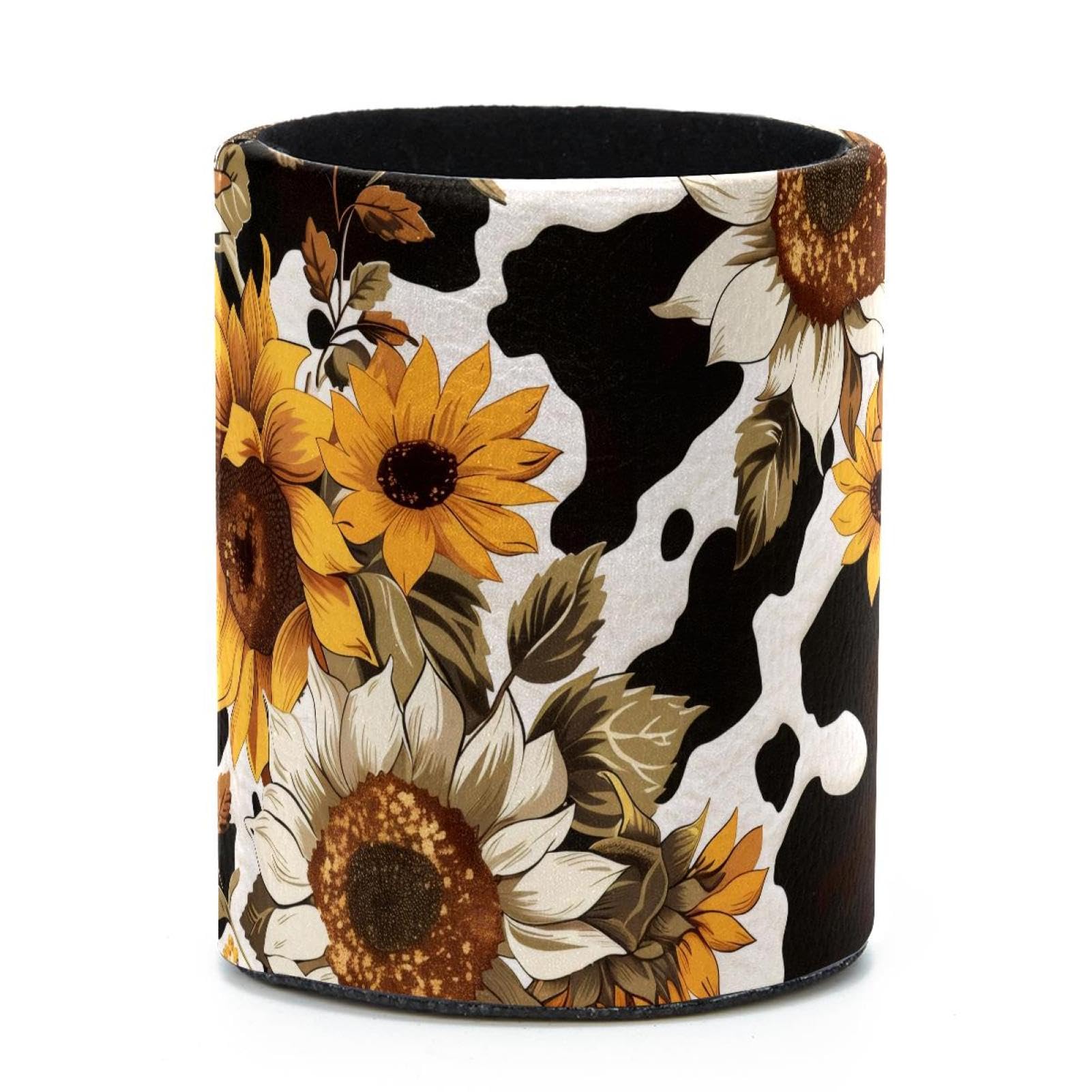 VAPOKF Round Pencil Holders for Desk, Cow Sunflowers Pen Holders Pen Pot Makeup Brushes Storage Desktop Stationery Supplies Organiser for Home Office