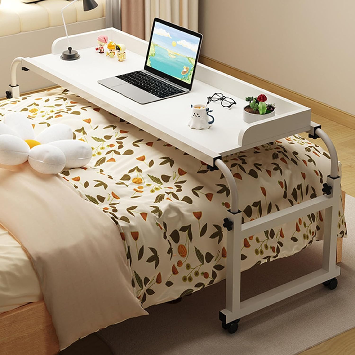Table de lit réglable avec roulettes et plateau inclinable pour ordinateur