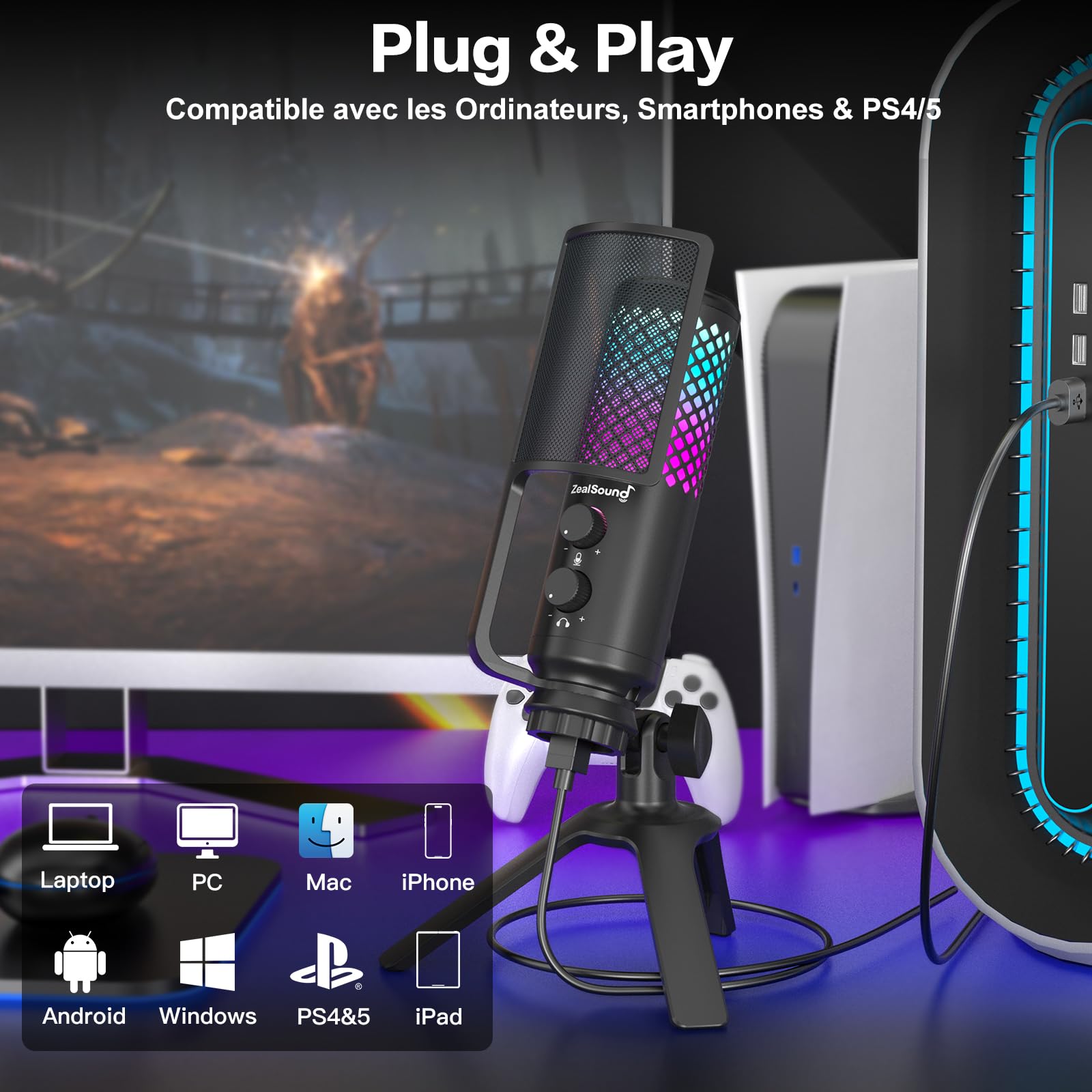 zealsound Micro Gaming PC, 96 kHz Métal USB Microphone à condensateur RGB pour Podcast, Streaming, Enregistrements et Voiceover, Discord, avec Muet et Gain – Plug & Play pour PC Smartphone et PS4/5