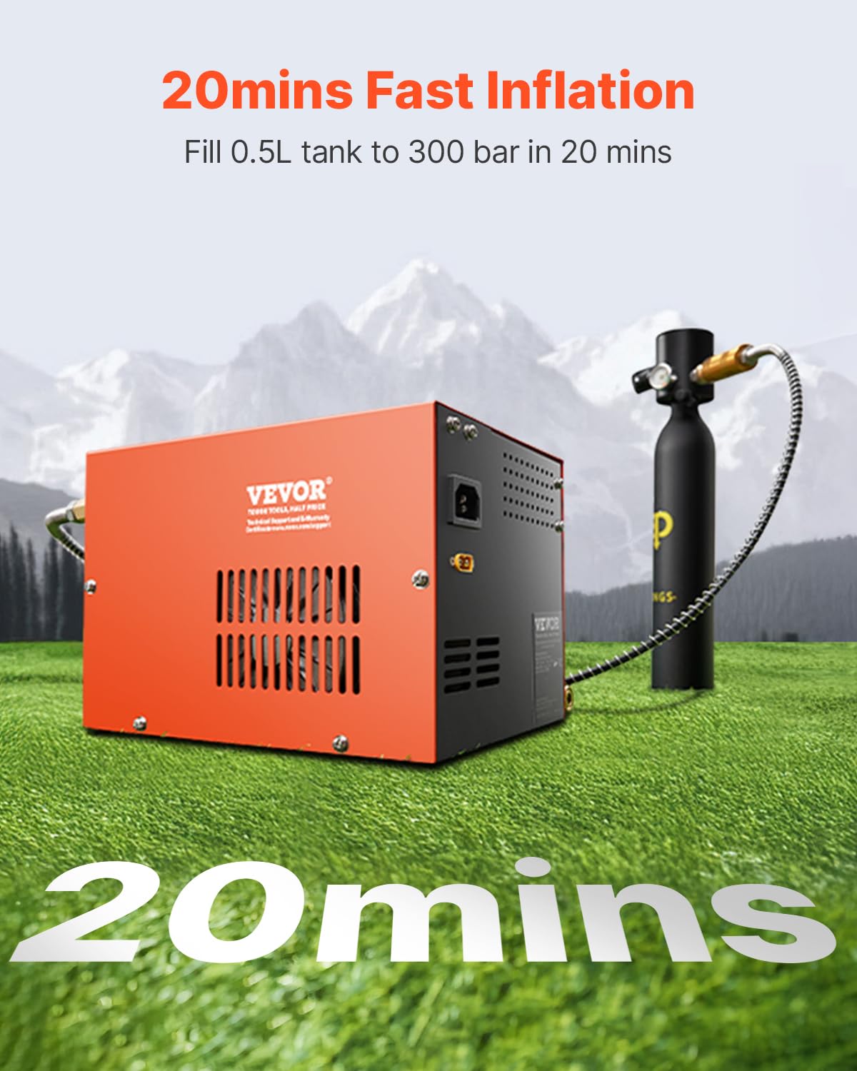 VEVOR PCP-Luftkompressor, 4500 PSI PCP-Luftgewehrkompressor mit eingebautem Konverter & Lüfterkühlsystem, DC12 V/AC230 V Kompressorpumpe mit manuellem Stopp für Luftgewehr, Paintball & Tauchflaschen