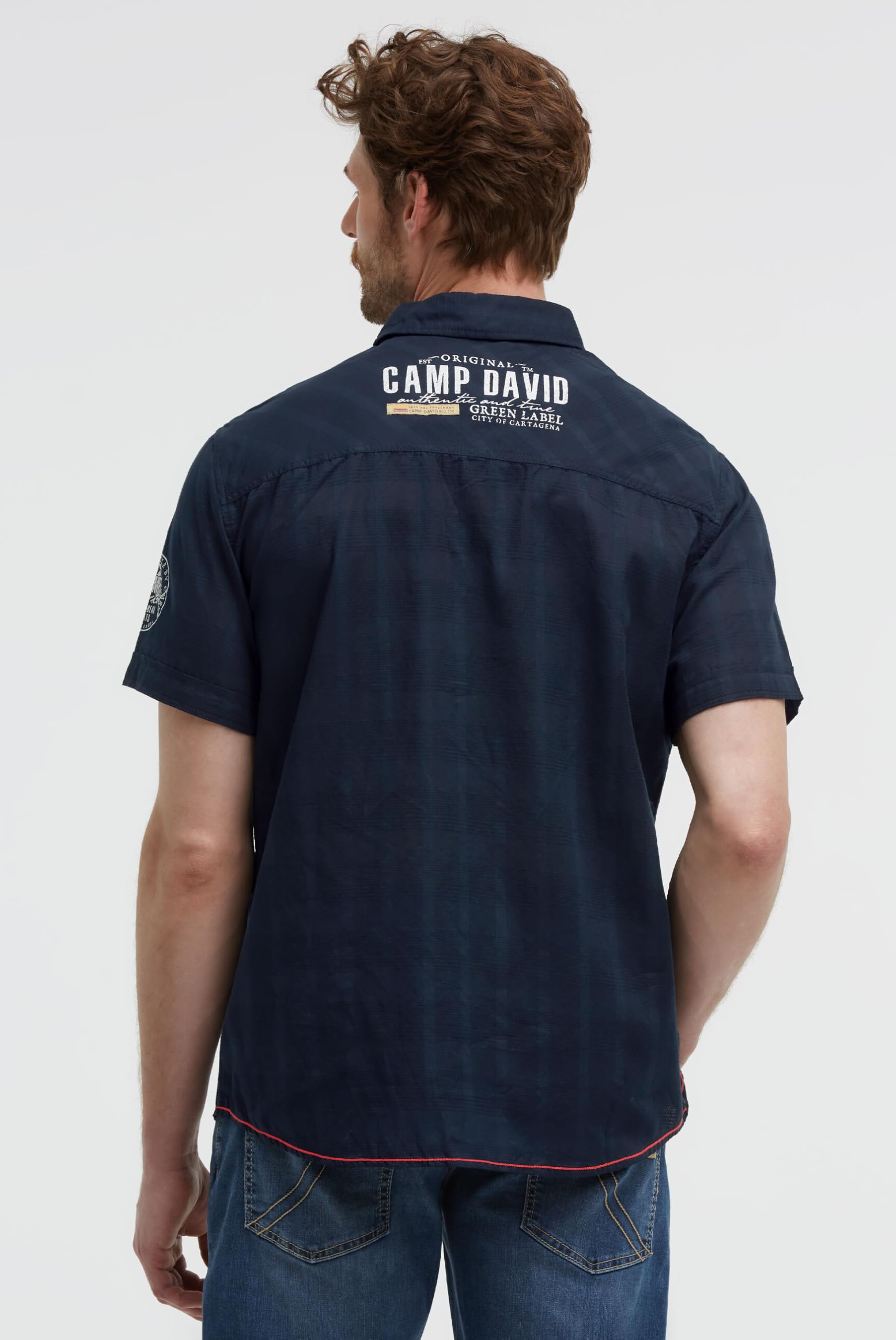 Camp David Herren Kurzarmhemd 100% Baumwolle Regular Fit Webstruktur mit Logo Prints Sommer Freizeithemd