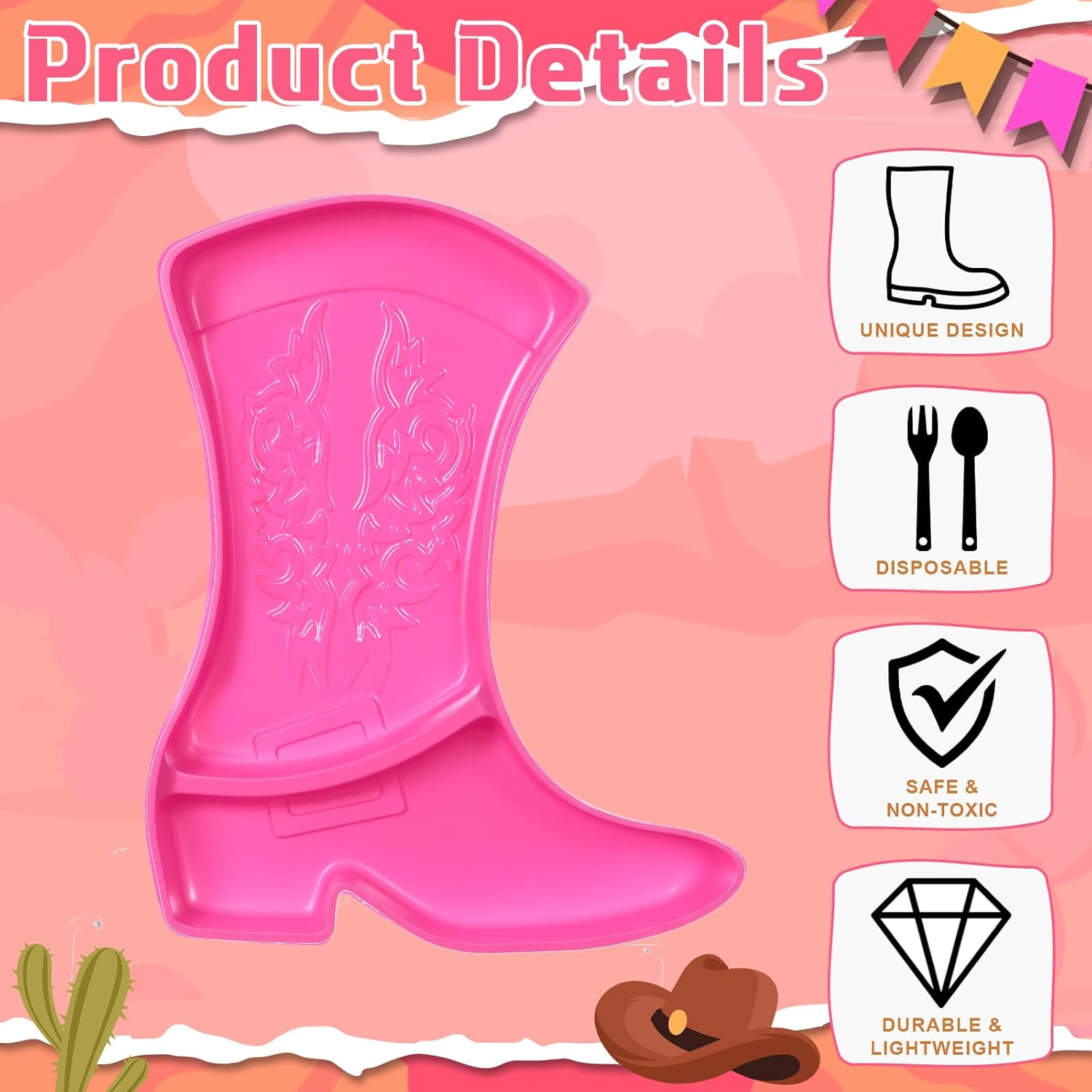 Uiifan 24 Pcs Cowboy Boot Party Serving Trays, Disposable Plastic Compartment Plates Boot Shaped Plates Western Theme Party Decorations Tableware for Cowboy Cowgirl Birthday Supplies(Pink)