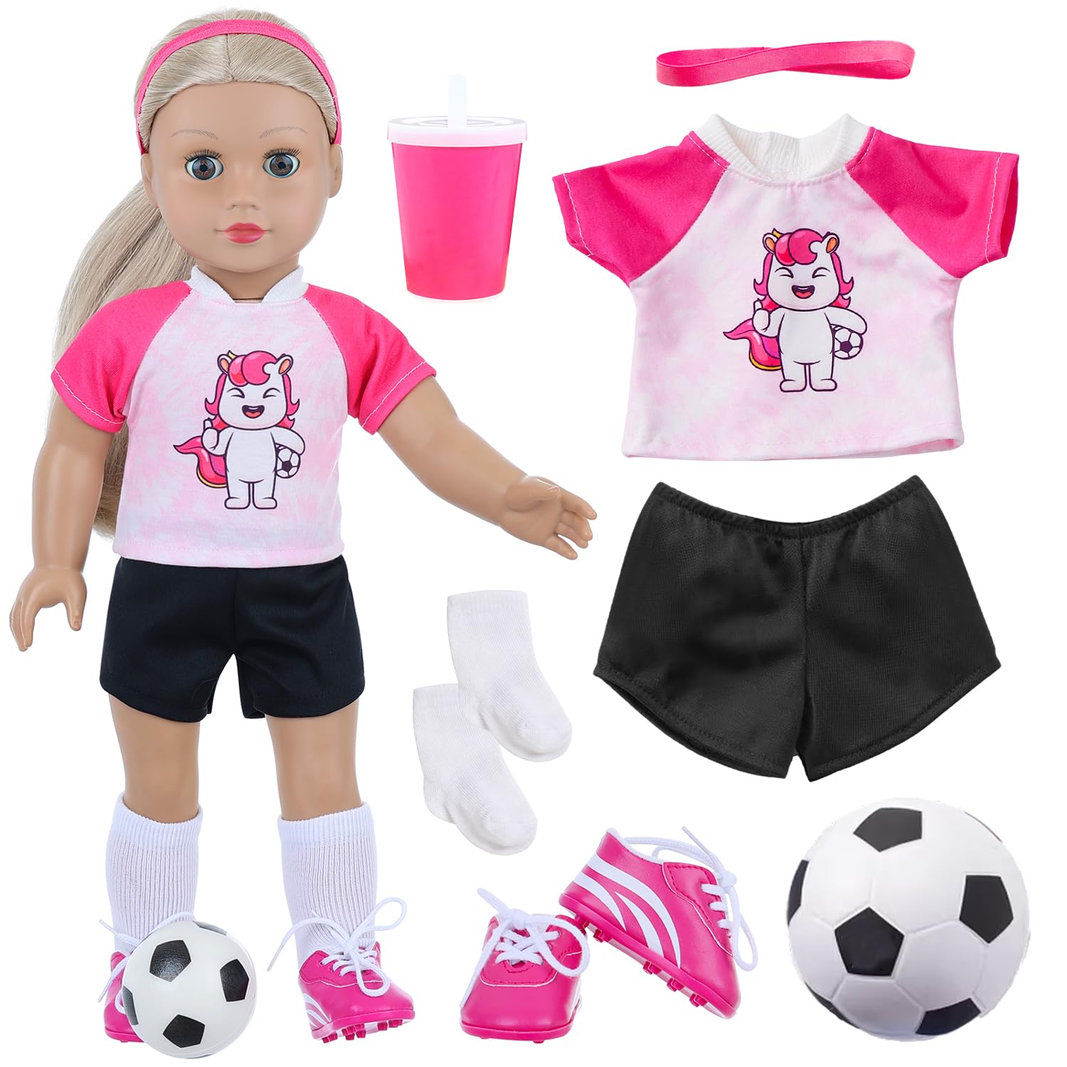 18INDC 18 Inch Doll Accessories Football Sport Set - 7PCS Includes Headband, Tops, Shorts, Shoes, Mini Soccer Ball, Socks & Water Bottle for American
