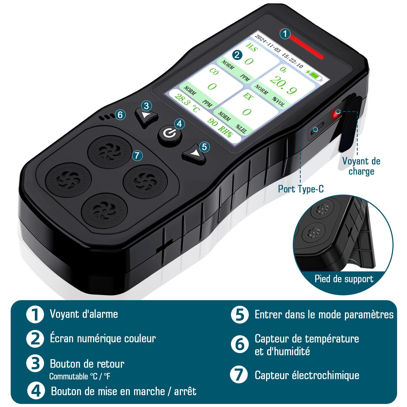 Détecteur De 4 Gaz, Moniteur 4 Gaz Rechargeable pour H2S, CO, LEL, O2 avec Alarme Sonore, Lumineuse Et Vibrante, Noir