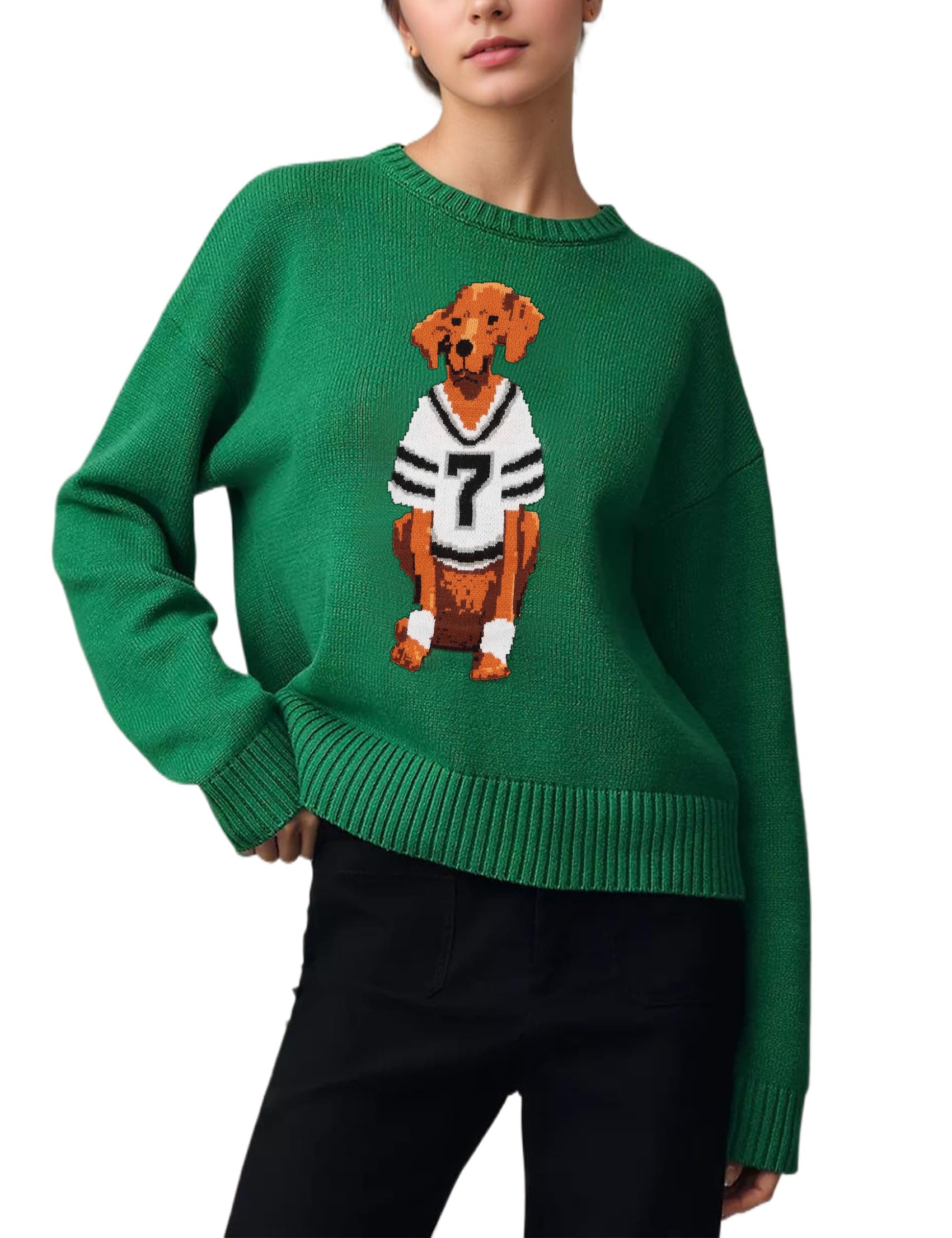 Dog Print Sweater for Women Cute Graphic Crew Neck Long Sleeve Loose Knit Pullover Top Trendy Fall Outfits
