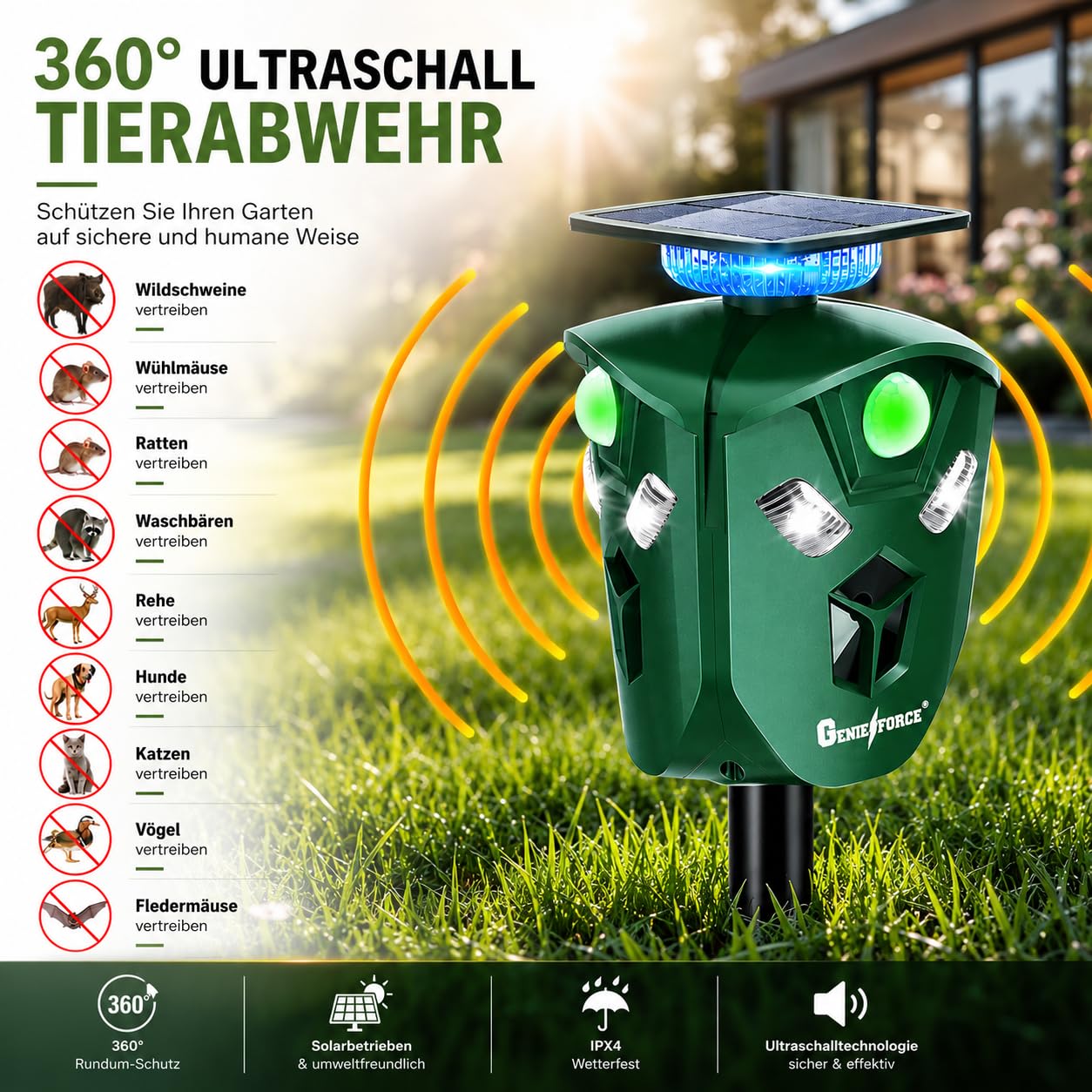 Genieforce® Combat+ Smart 360° ultradźwiękowy odstraszacz zwierząt, odstraszacz zwierząt, ochrona przed kotami, psami, kunami, lisami, ptakami, gryzoniami, wodoszczelny, solarny, 2200 mAh, inteligentne czujniki PIR, GF-EM-75