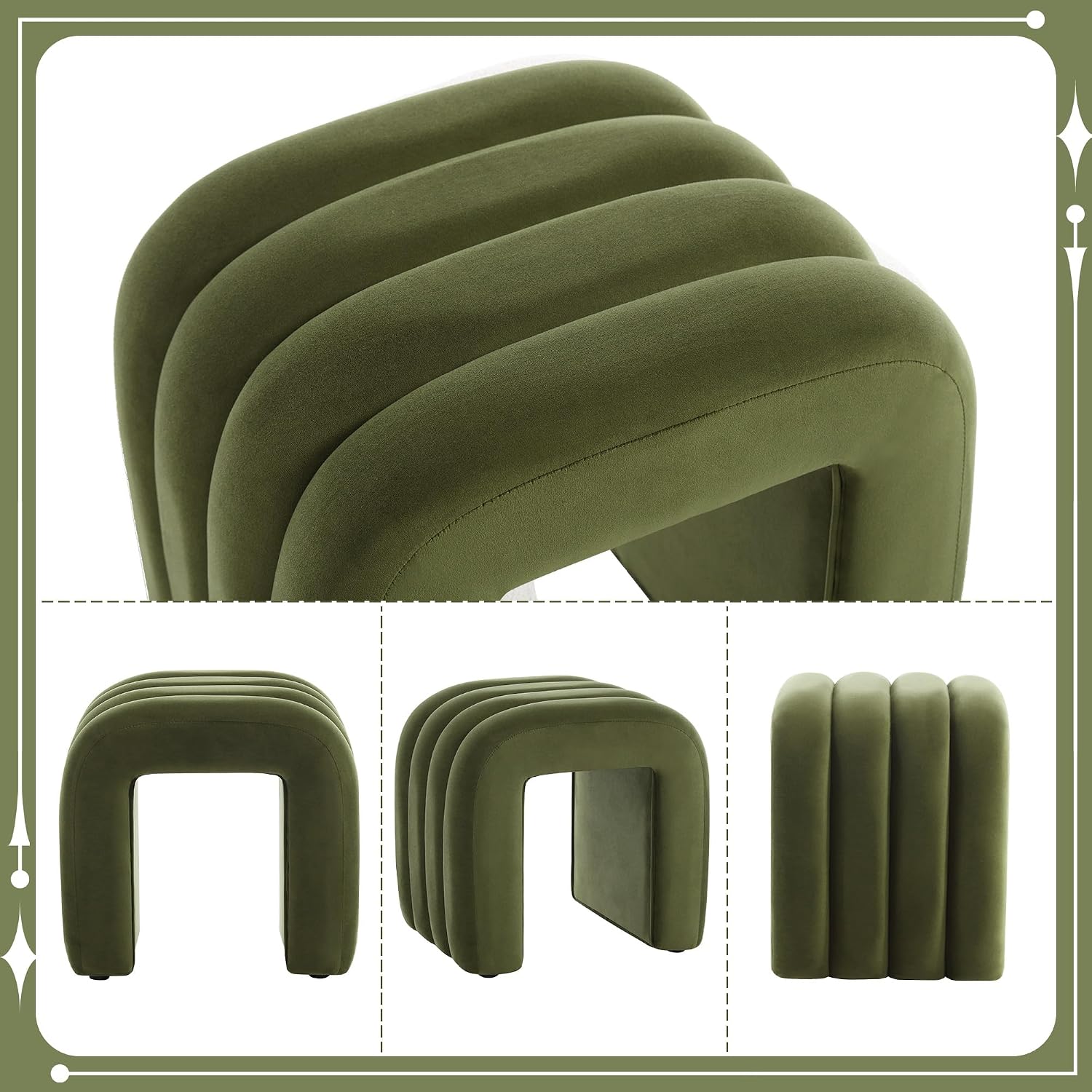 Flouki Ottoman Foot Stool with Channel Tufted, Small Ottoman Bench for Entryway, Modern Velvet Vanity Stool Chair, Upholstered Foot Rest Extra Seat for Living Room (Green)