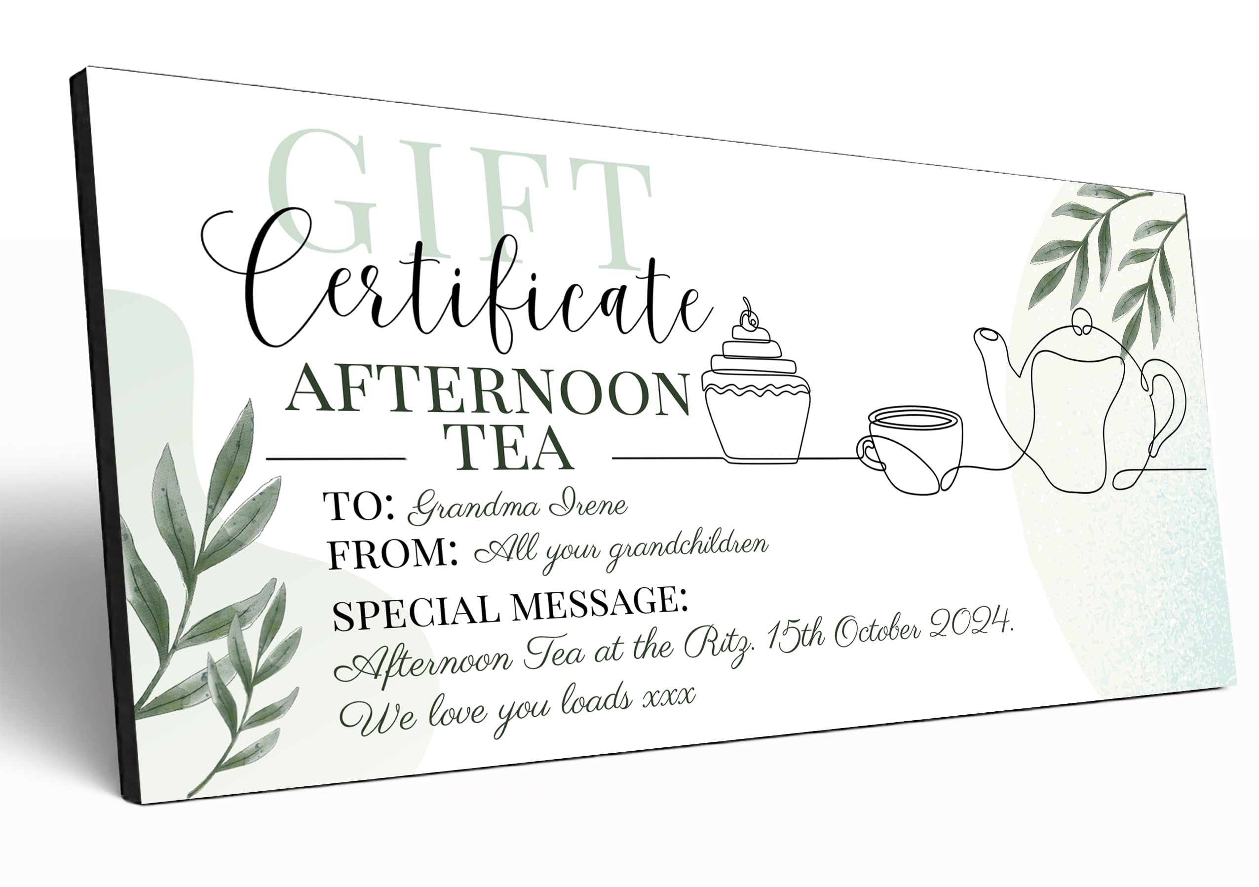 The Plum Penguin Customisable Gift Certificate 6mm MDF Personalised Gift Voucher Experience Event Gift Elegant Botanical Design (Afternoon Tea)