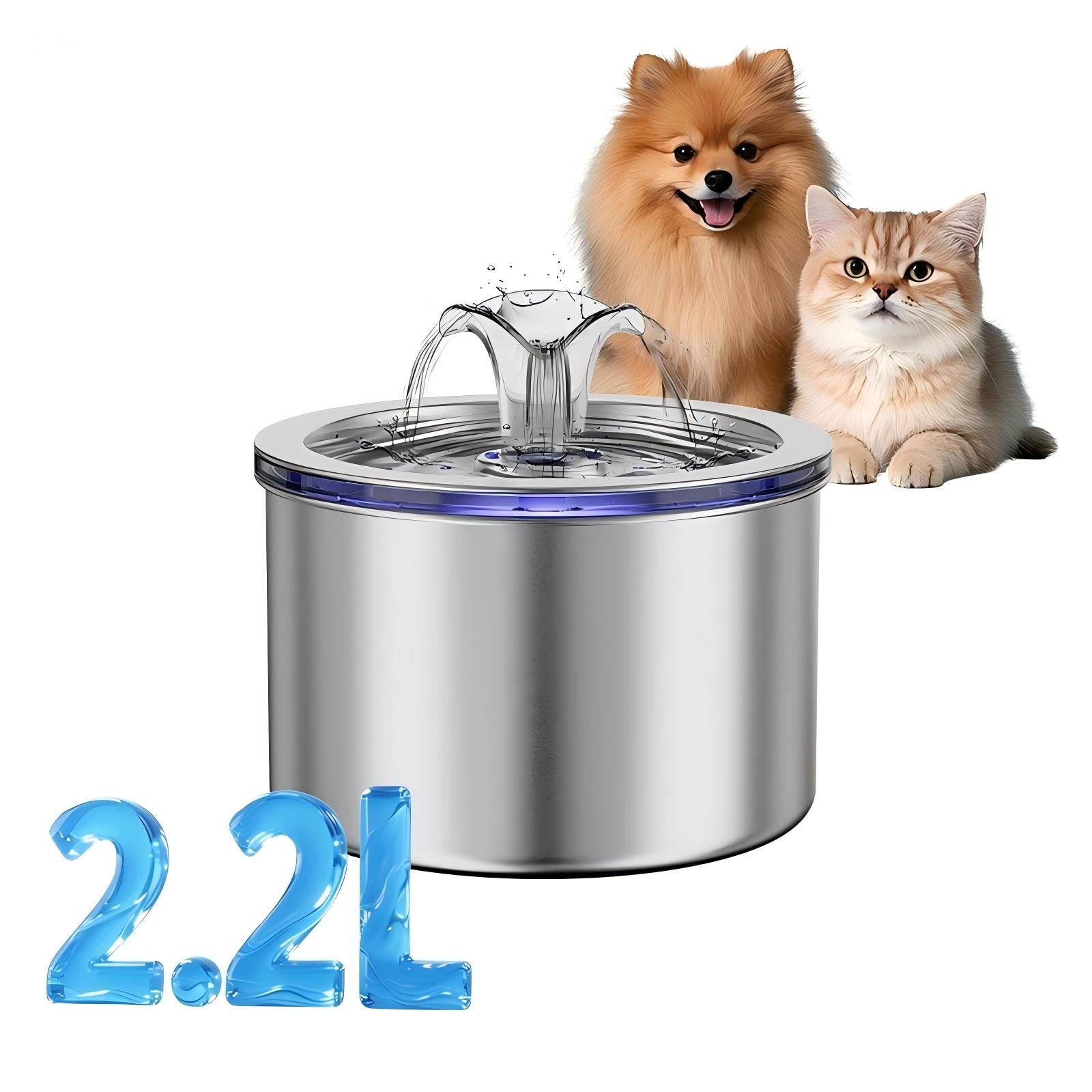 74oz/2.2L Stainless Steel Cat Water Fountain, Automatic Pet Water Dispenser for Cats and Small Dogs, 304 Stainless Steel, Ultra-Quiet Pump, Night Light, Auto Shut-Off for Water Shortage