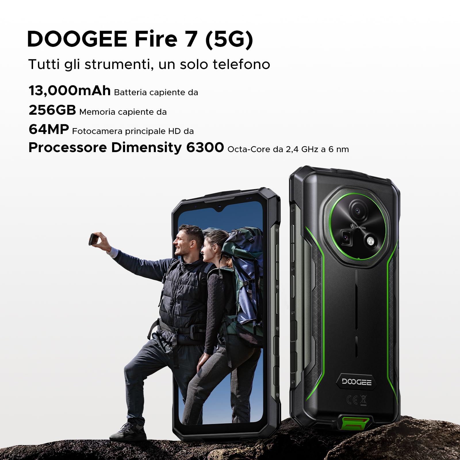 DOOGEE Fire 7 Rugged Smartphone 5G Android 15, 16GB+256GB/2TB Telefono Cellulare, 13000mAh Telefono Indistruttibile, Gemini AI 64MP+16MP Rugged Phone, MTK 6300 Octa CoreDual SIM/NFC/GPS/IP68/BT5.2
