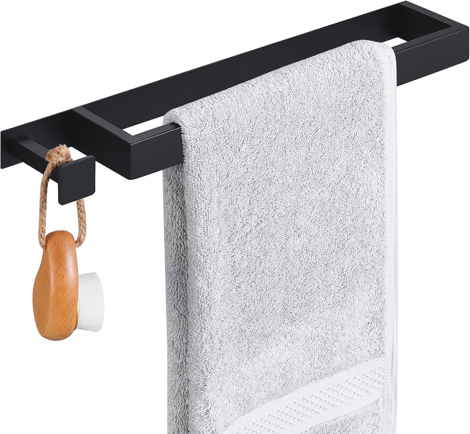 KES Adhesive Towel Bar with Hook, Black Hand Towel Holder