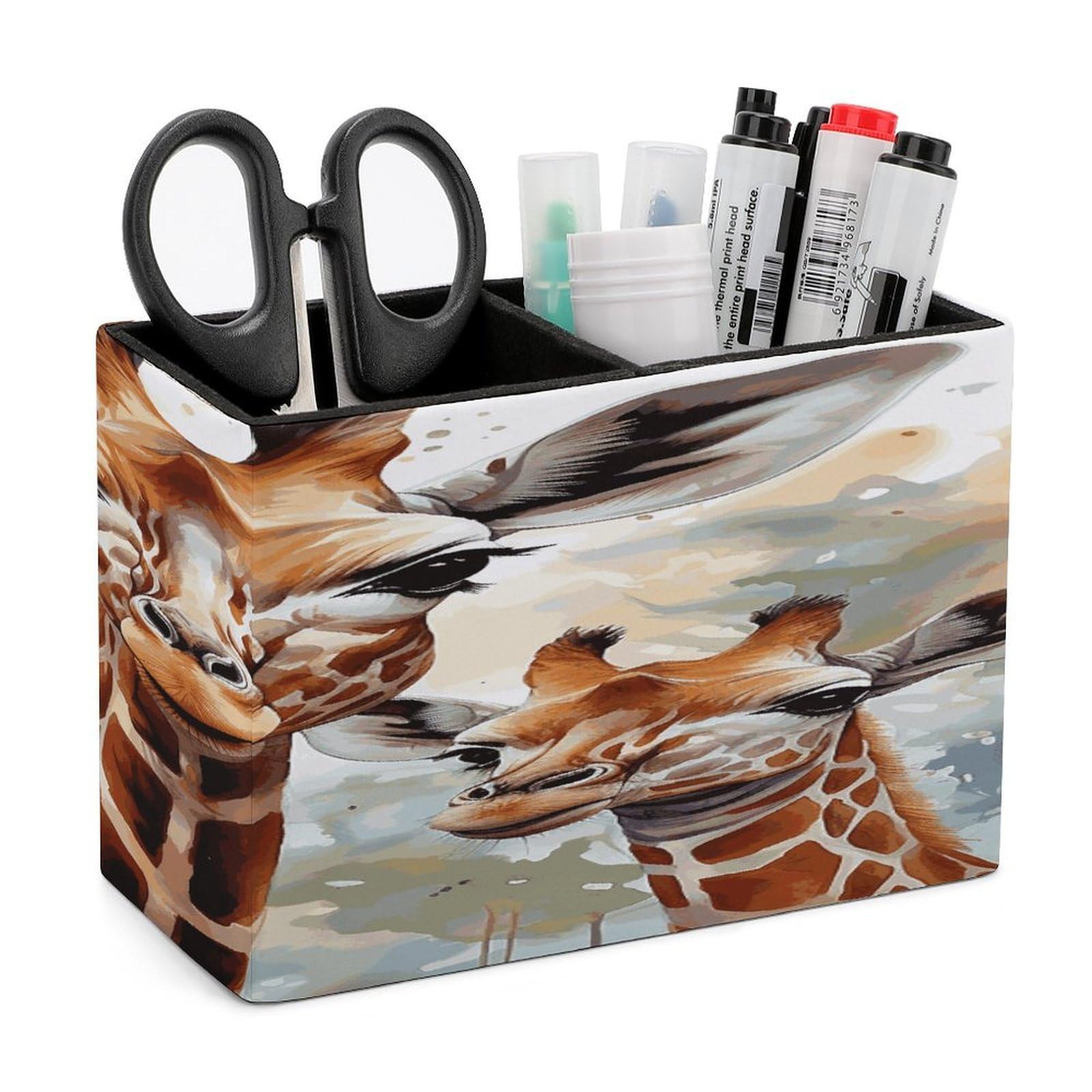 VstaDank Watercolor Deer Giraffe Pencil Holder for Desk(Double Slots) Fashion Leather Pencil Cup Simple Rectangular Shape Pen Holder Multi-Functional Pen Cup for Home Office Supplies Storage