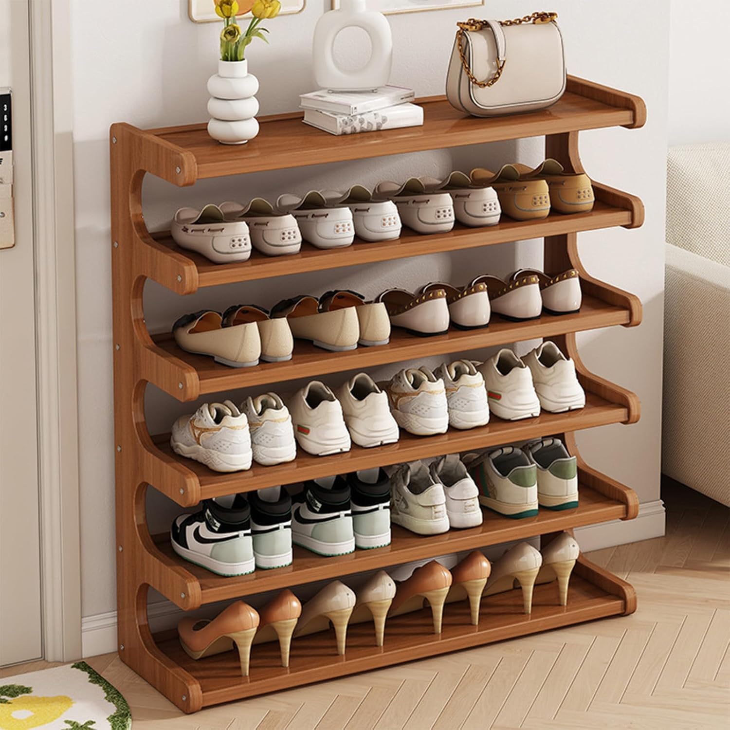 KNERS 1pc Bamboo Shoe Rack, Multi-Layer Space-Saving Shoe Organizer for Entryway, Bedroom or Living Room, Stable & Easy to Install (L)
