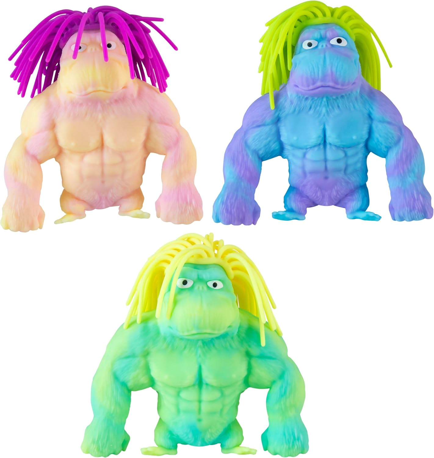ORB Funkee Monkee Squishy Monkey Mega Long Hairdo 3 Pack - Stretchy Funky Monkey Toy Squishies with Long Hair - Squishy Gorilla, Splat Monkey Stress Toys - Collectible Fidget Toys for Kids and Adults