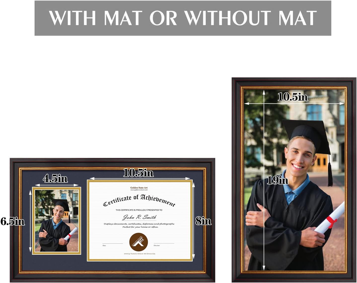 Golden State Art, 11x19.5 Diploma Frame for 8.5x11 Certificate and 5x7 Picture - 2 Openings - Black with Gold Trim and Burgundy Accents - Navy Blue Over Gold Double Mat - Real Glass - Wall Mount