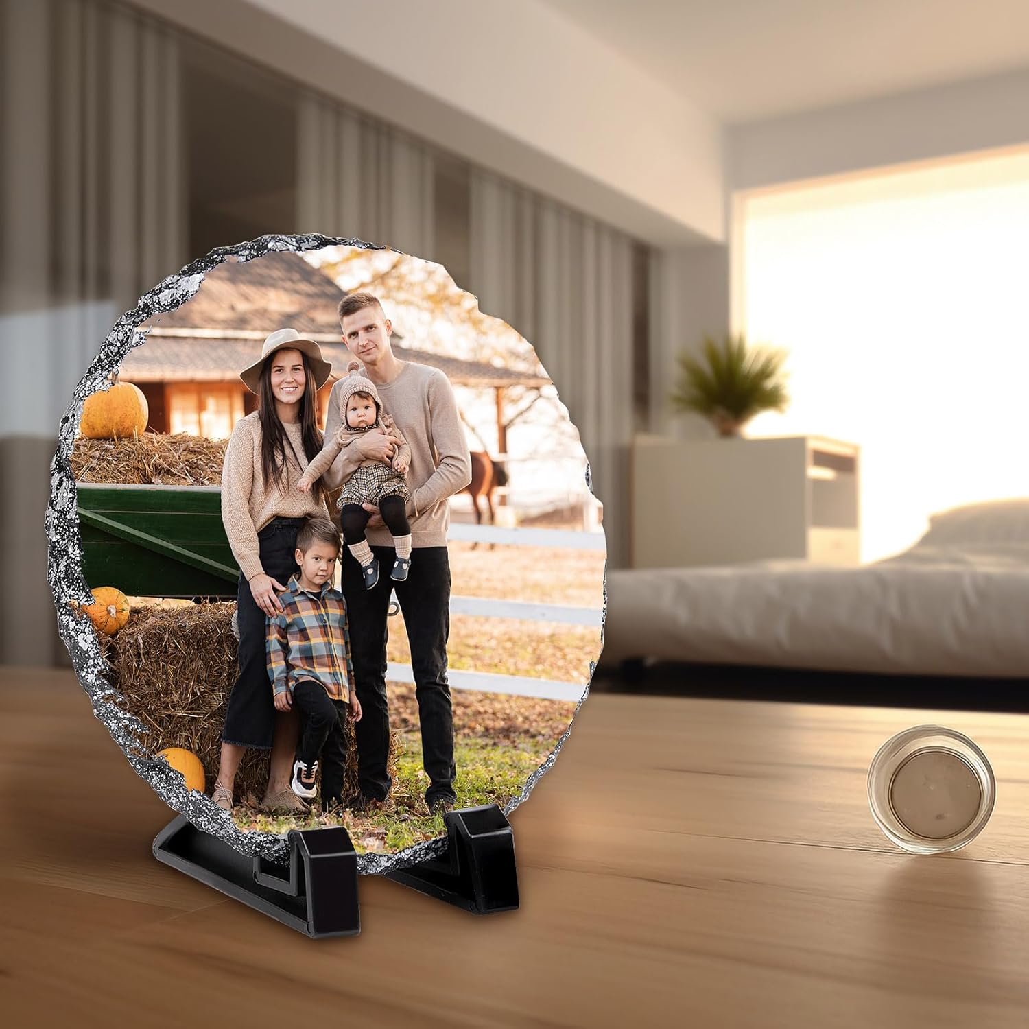 5Pcs Round Sublimation Slate Blanks 5.9X5.9 Inch Picture Frame Heat Transfer Rock Photo Plaque with DIY Custom Stone Slate Display Stand Christmas Decoration for Desktop Souvenir