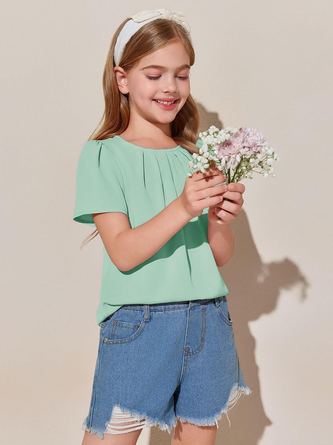 Girls Shirts Summer Short Sleeve Cute Tops Chiffon Pleated Blouses 5-14 Years - Image 3