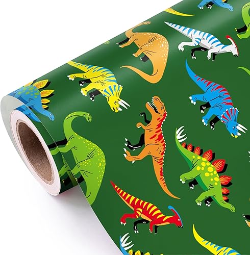 WRAPAHOLIC Rollo de papel de regalo de dinosaurios, mini rollo, 17 pulgadas x 33 pies, papel de regalo de dinosaurio verde, perfecto para