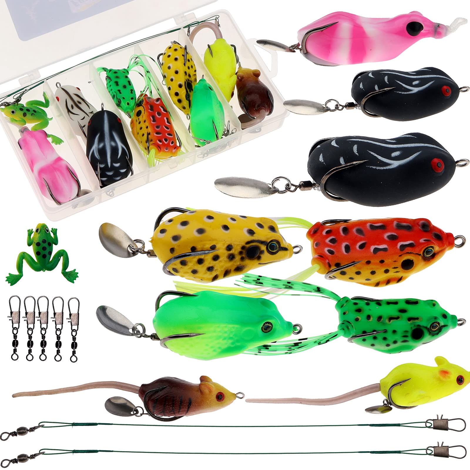 Funzhan Fishing Lures Kit Hard Metal Casting Spoons Spiral Jigging Frog Topwater Bullfrog Baits Swimbaits for Trout Bass Crappie Snakehead Saltwater Freshwater (Random Color)