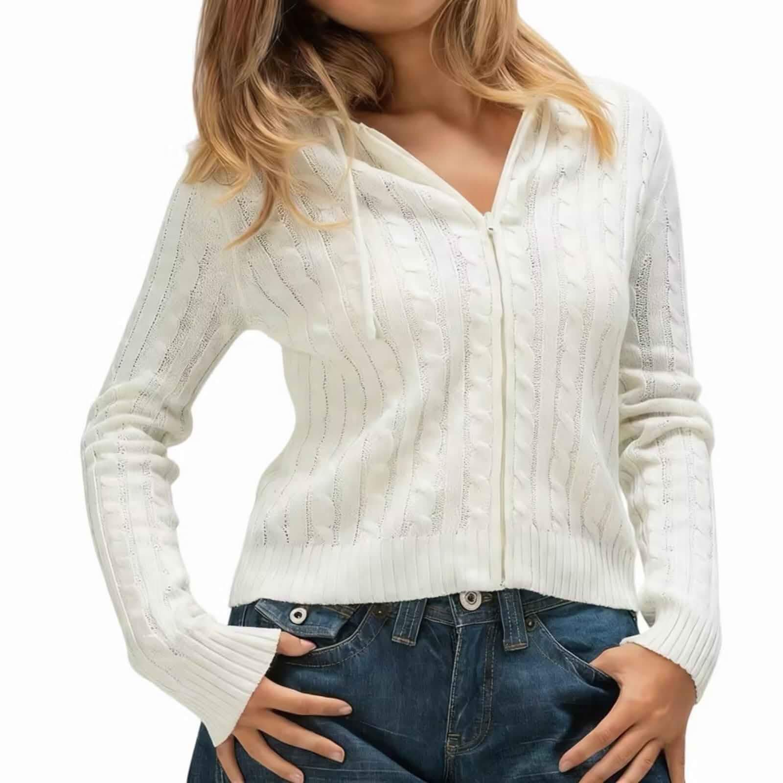 Women Zip Up Hoodie Y2k Vintage Long Sleeve Knitted Sweater 90s Knitwear Coat Jacket Streetwear Long Sleeve