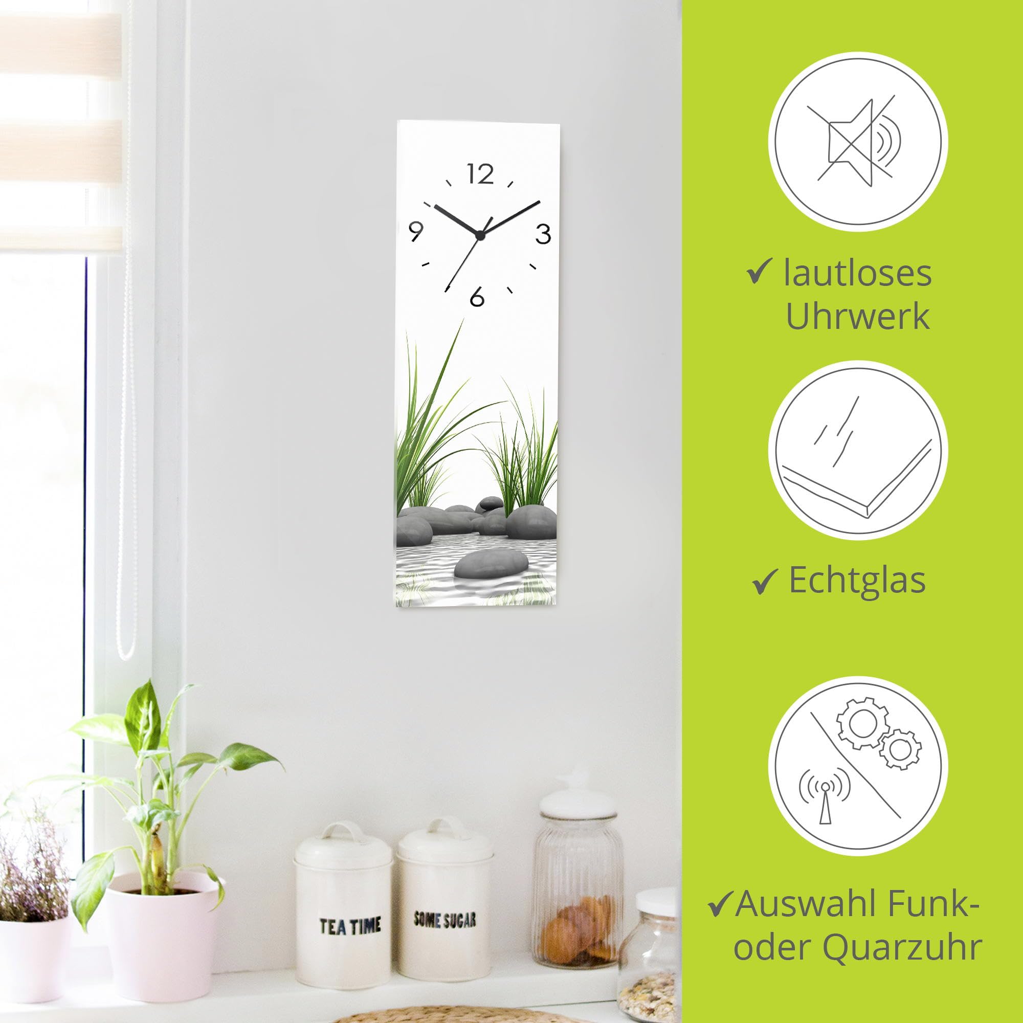 ARTLAND Wanddeko Wanduhr ohne Tickgeräusche Glas Funkuhr 20x60 cm Rechteckig Lautlos Natur Design Zen Spa Steine Asiatisch Modern T6CD