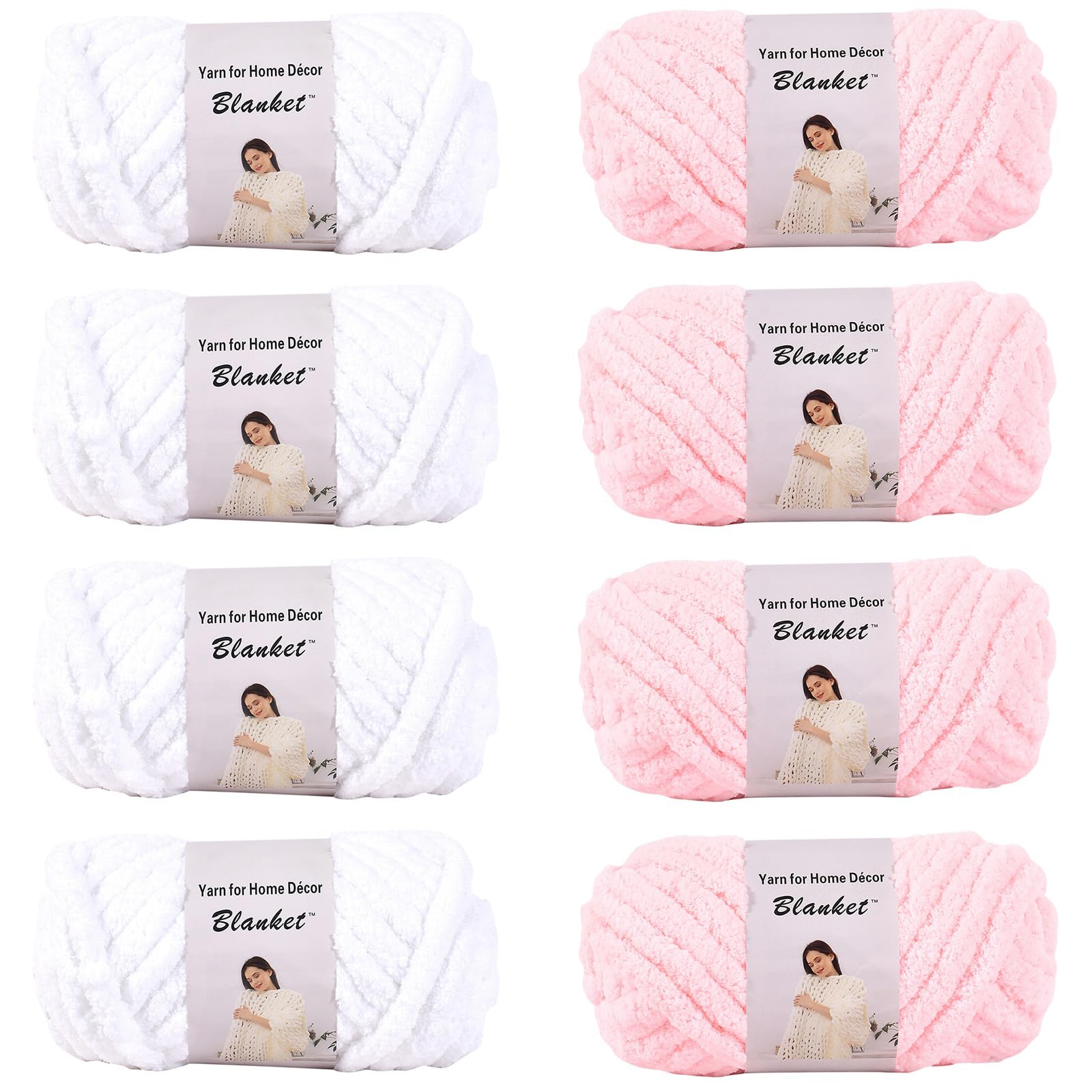 Filato di ciniglia grosso assortito per uncinetto, morbido, soffice, voluminoso, per lavorare a maglia e lavorare a maglia, Jumbo soffice e spesso (4 bianchi e 4 rosa, confezione da 8, 2 kg, 192
