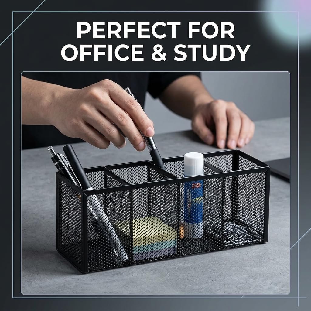 Metal Pen Holder, Pencil Holder 4 Compartments, Mesh Pen Storage Pencil Organizer Cup Makeup Brush Holder for Office Desk Accessories, Black image 2