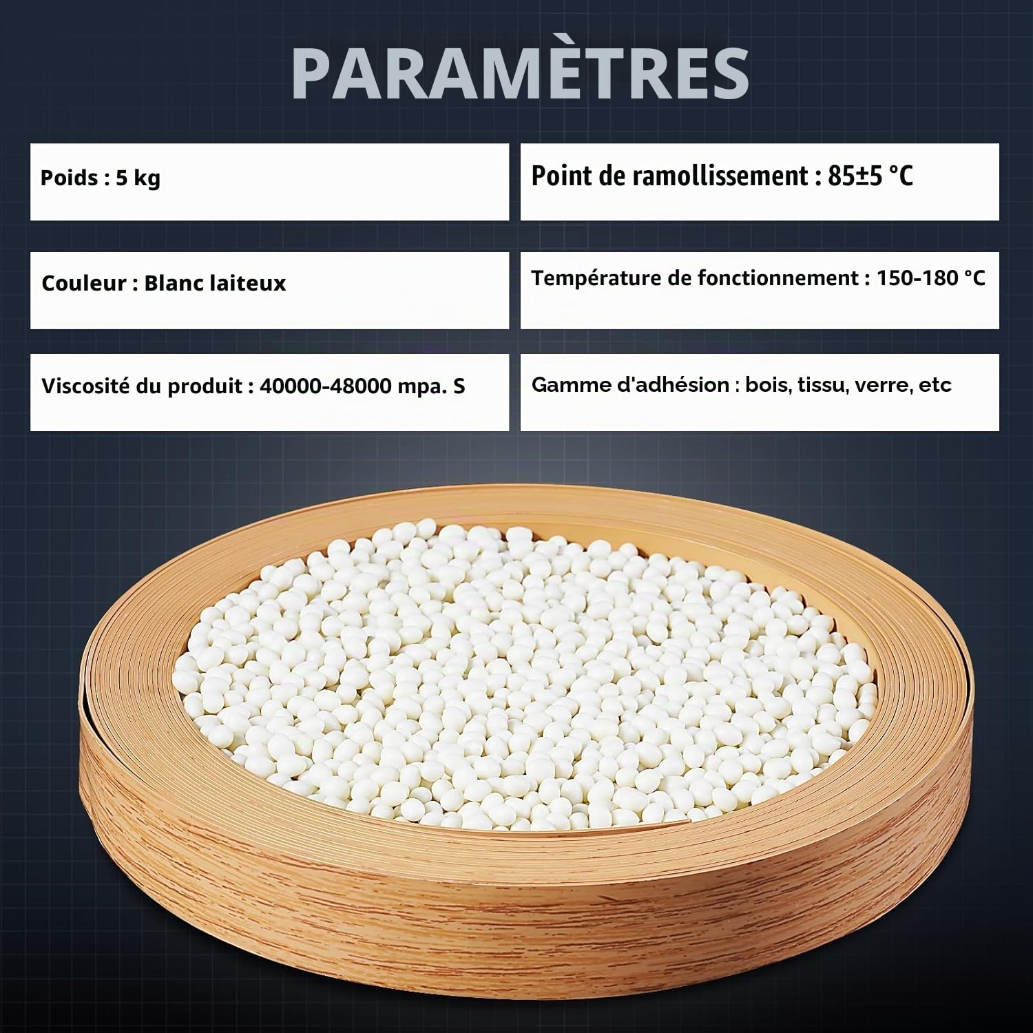 YUCHENGTECH Granulés de Colle pour Placage de Chants Blanche 5kg | Spécialement pour Plaqueuse de Chants,Température de Fonctionnement 150-180 °C,Valeur de Viscosité : 40000-48000mpa.s