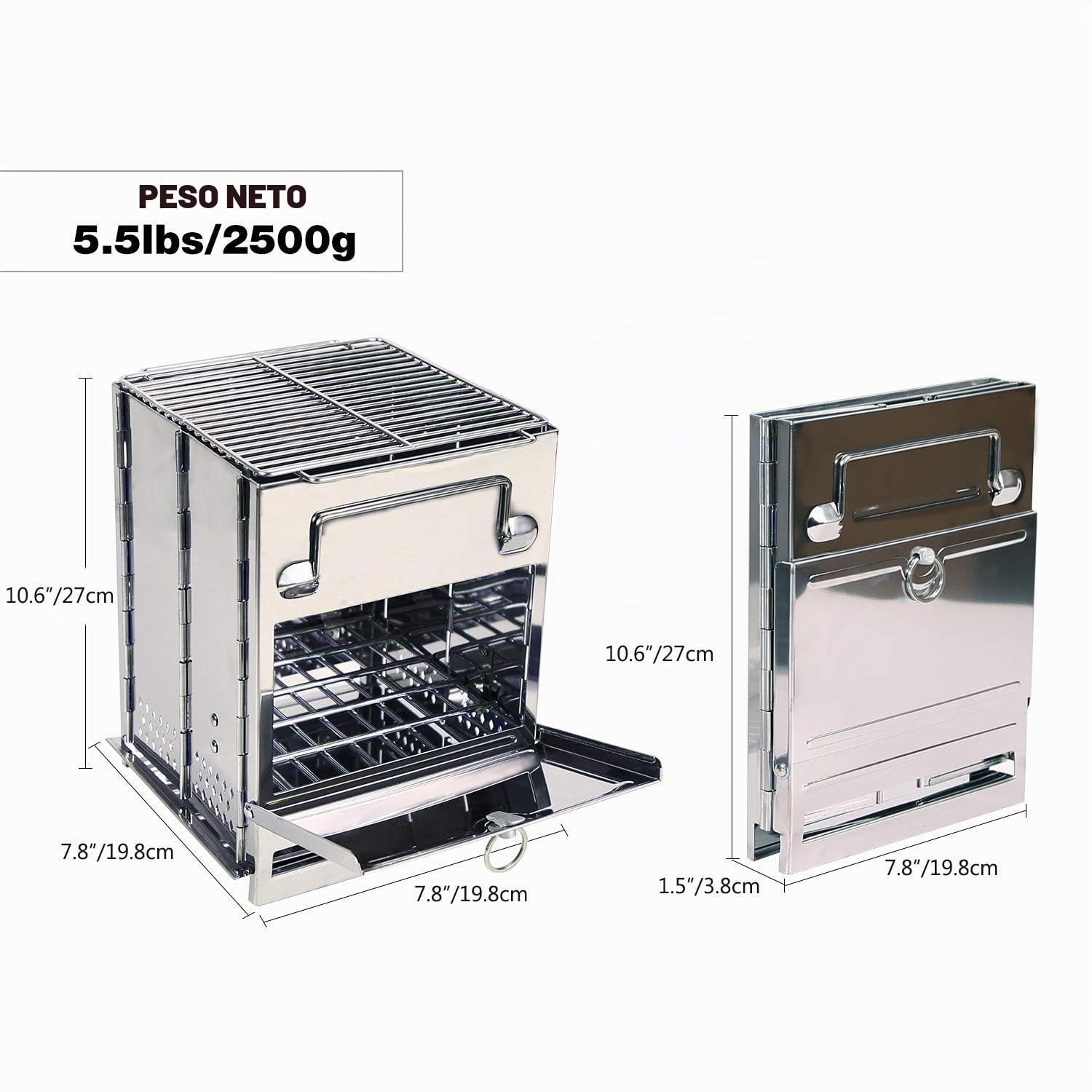 REDCAMP Estufa de leña grande, acero inoxidable, compacta y portátil, plegable, ideal para mochileros, senderismo, viajes, cocina al aire libre y picnic
