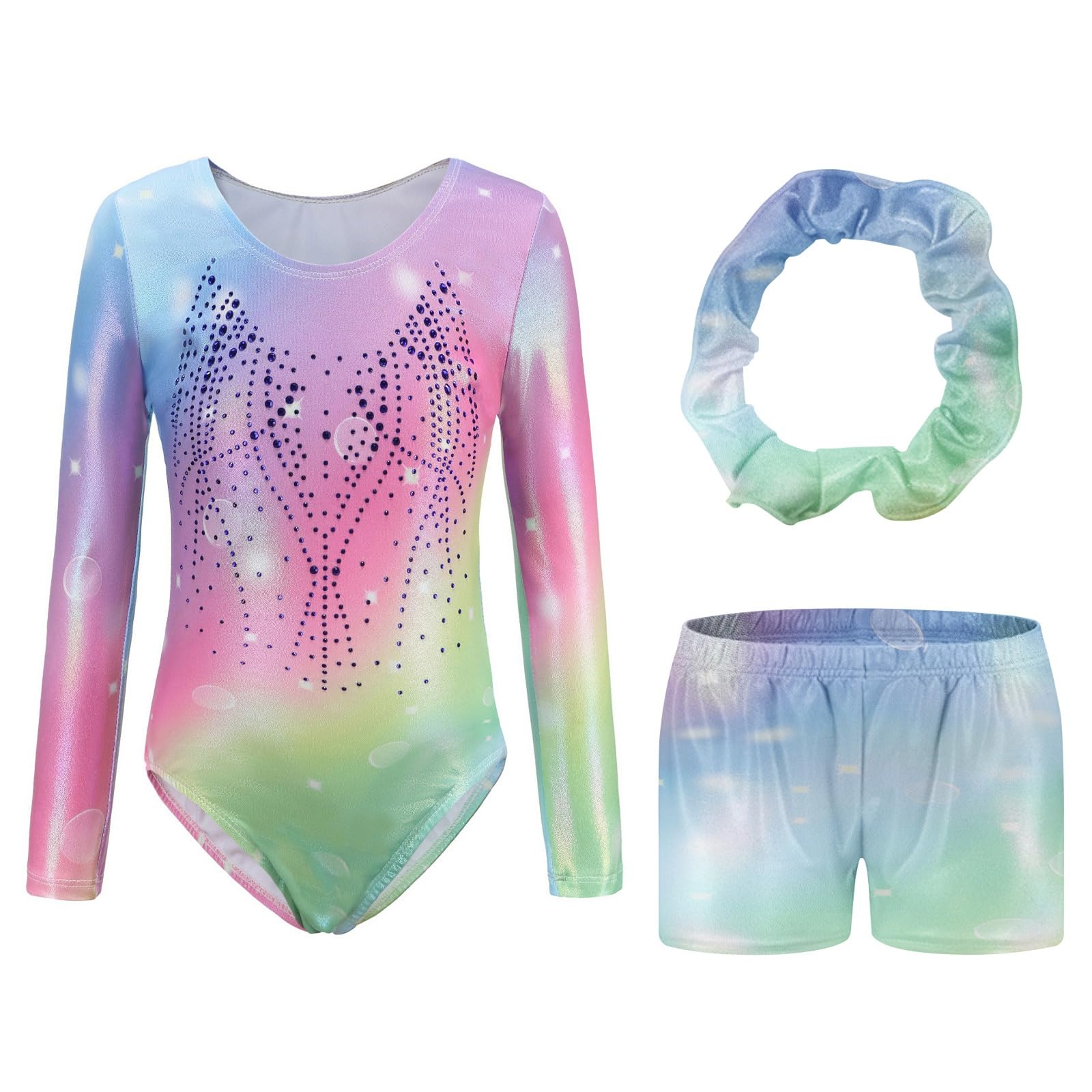 ValcatchLeotards for Girls Gymnastics Sparkly Tumbling Long Sleeve Unitards with Shorts One Piece Biketards Dancewear