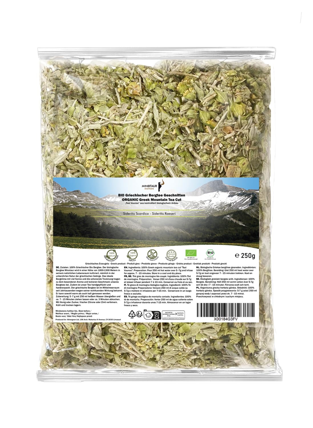 Minotaur Herbs | Bio Griechischer Bergtee aus den Bergen Griechenlands, geschnitten, 250 g | Premium Qualität aus kontrolliert biologischem Anbau