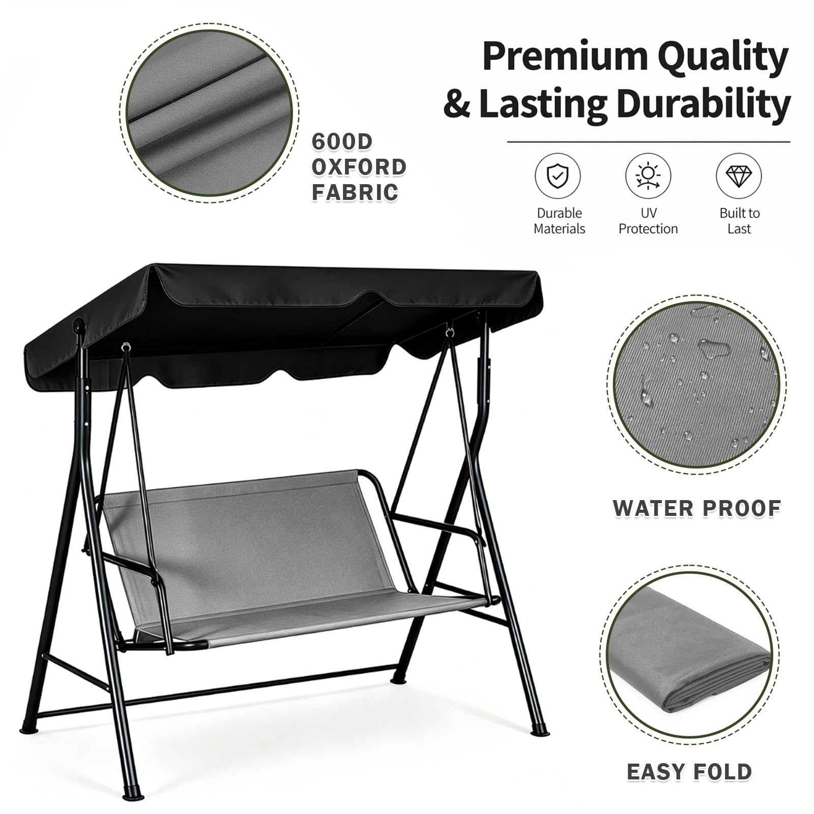 Hollywoodschaukel Ersatzbezug Sitzbezug 900D Oxford Stoff Wasserdicht für 2 3 Sitzer Schaukelauflage Bezug Austauschbar Strapazierfähig für Garten Terrasse (Grau, 115 x 48 x 48 CM)