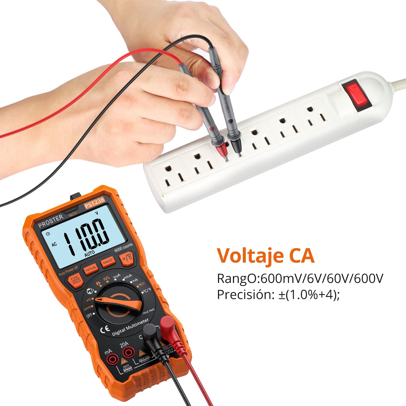 Proster Multímetro Digital 6000 Cuentas NCV TRMS Polímetro Profesional Rango Automático con Pinzas Cocodrilo para Prueba de Voltaje Corriente DC/AC Resistencia Capacitancia Continuidad Temperatura