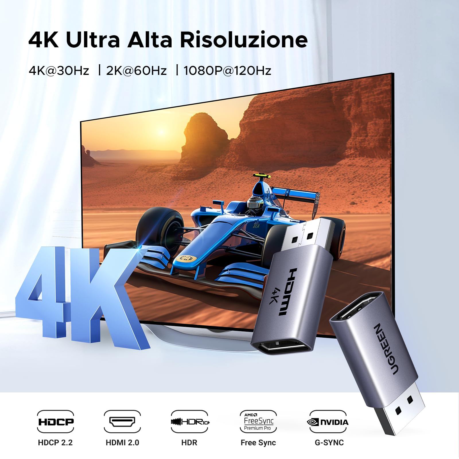 UGREEN Adattatore DisplayPort a HDMI Unidirezionale 4K 30Hz 2K 60Hz 1080P 120Hz Convertitore Alluminio 2 Pezzi