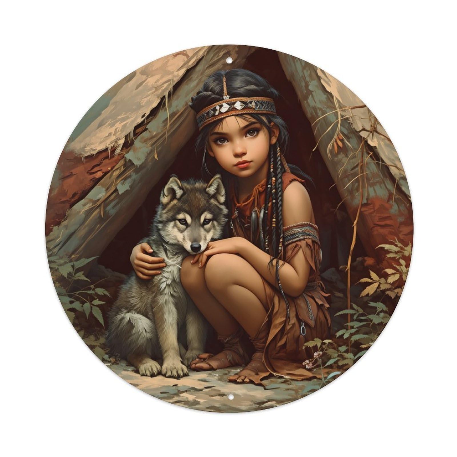 Wolf Girl Tribal Tent Nature Retro Metal Sign Round Tin Sign, Vintage Decor Art Poster for Bar, Home, Man Cave, Kitchen, Laundry Room Gift 8x8Inch