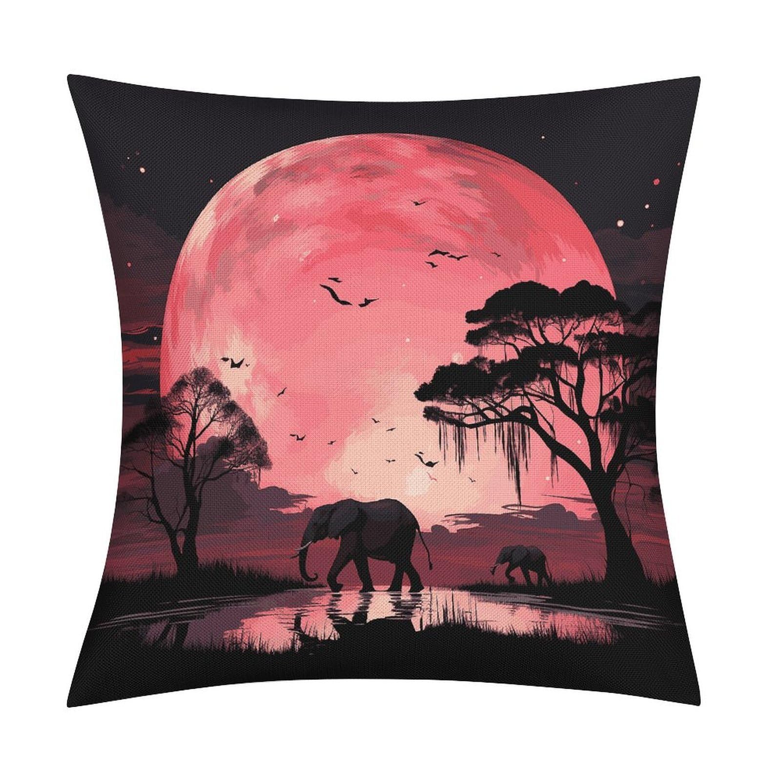 JTREHY Pink Moon Elephant Throw Pillow Covers Farmhouse Pillow Cover Standard Pillow Shams Decorative Square Pillowcases Soft Pillow Cases Wrinkle Fade Resistant for Couch Home 18x18 Inch