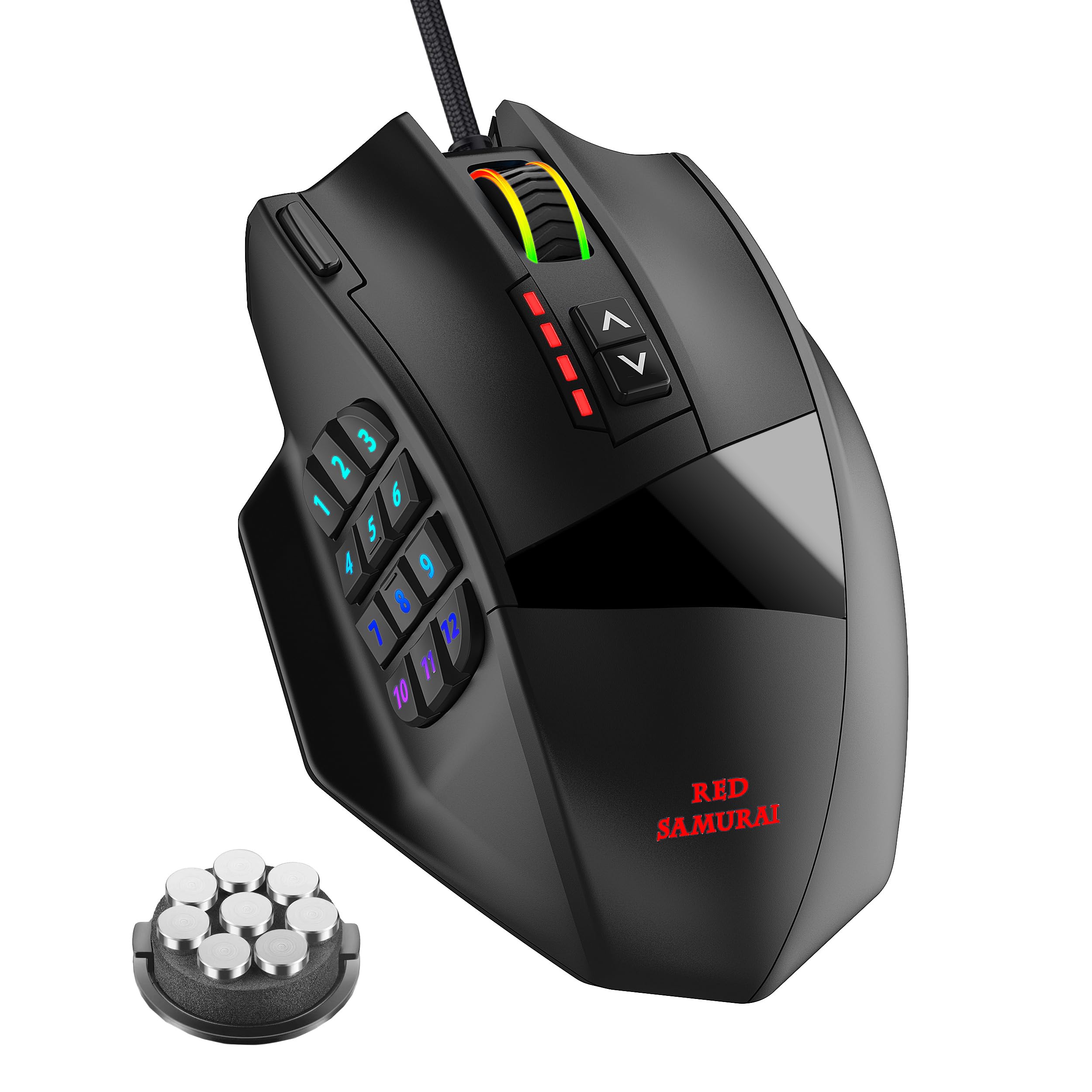 red samurai wired gaming mouse, mmo gaming mouse 16400dpi, 18 macro programable buttons, ergonomic rgb wired mouse with 12 side buttons, weight adjustable, stable grip, compatible for mmo/fps/moba