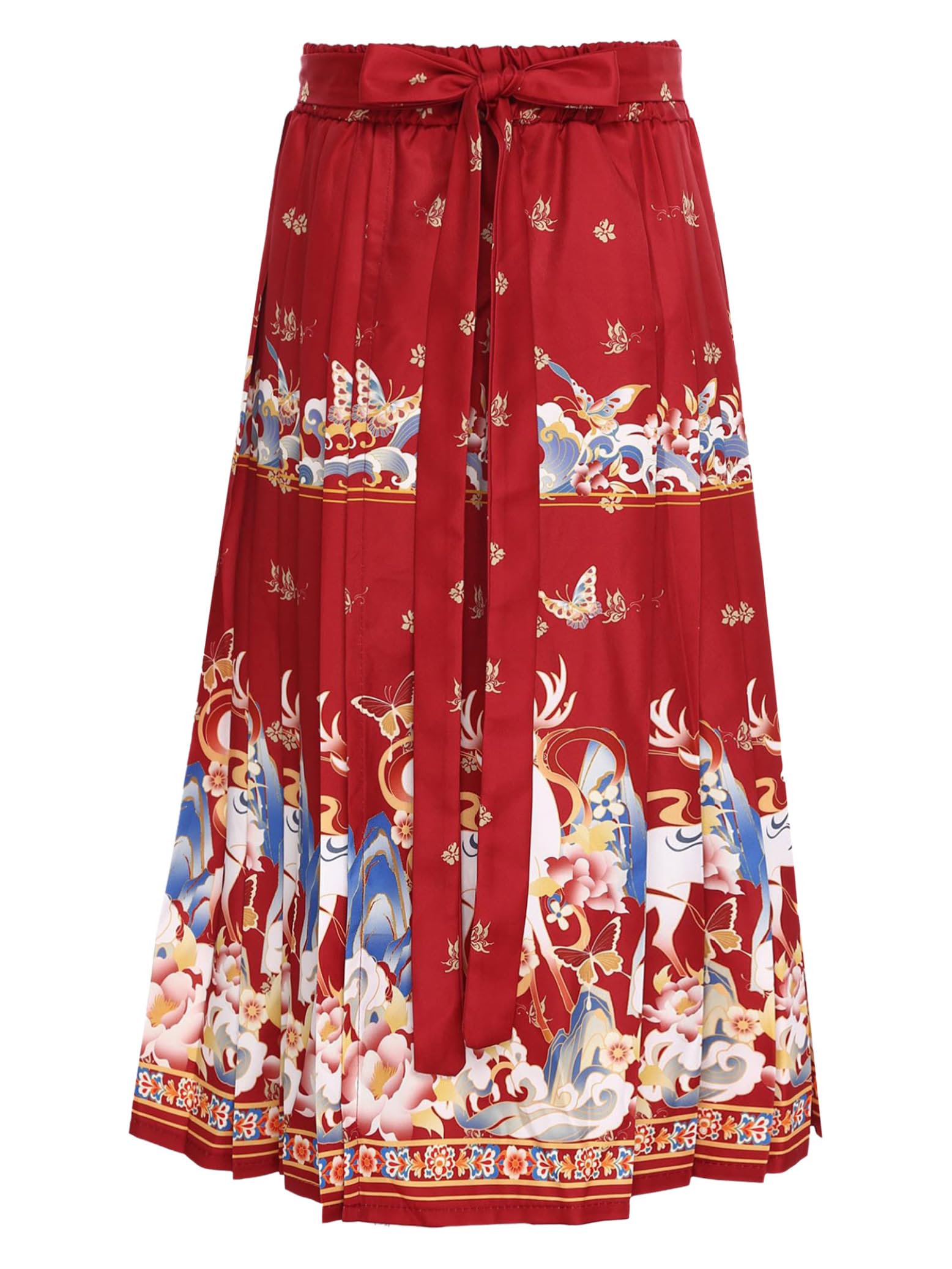 Eandarui Kids Girls Chinese Hanfu Mamianqun Skirt Horse Face Skirt Butterfly Deer Print Pleated Maxi Skirt Red 3-4 Years