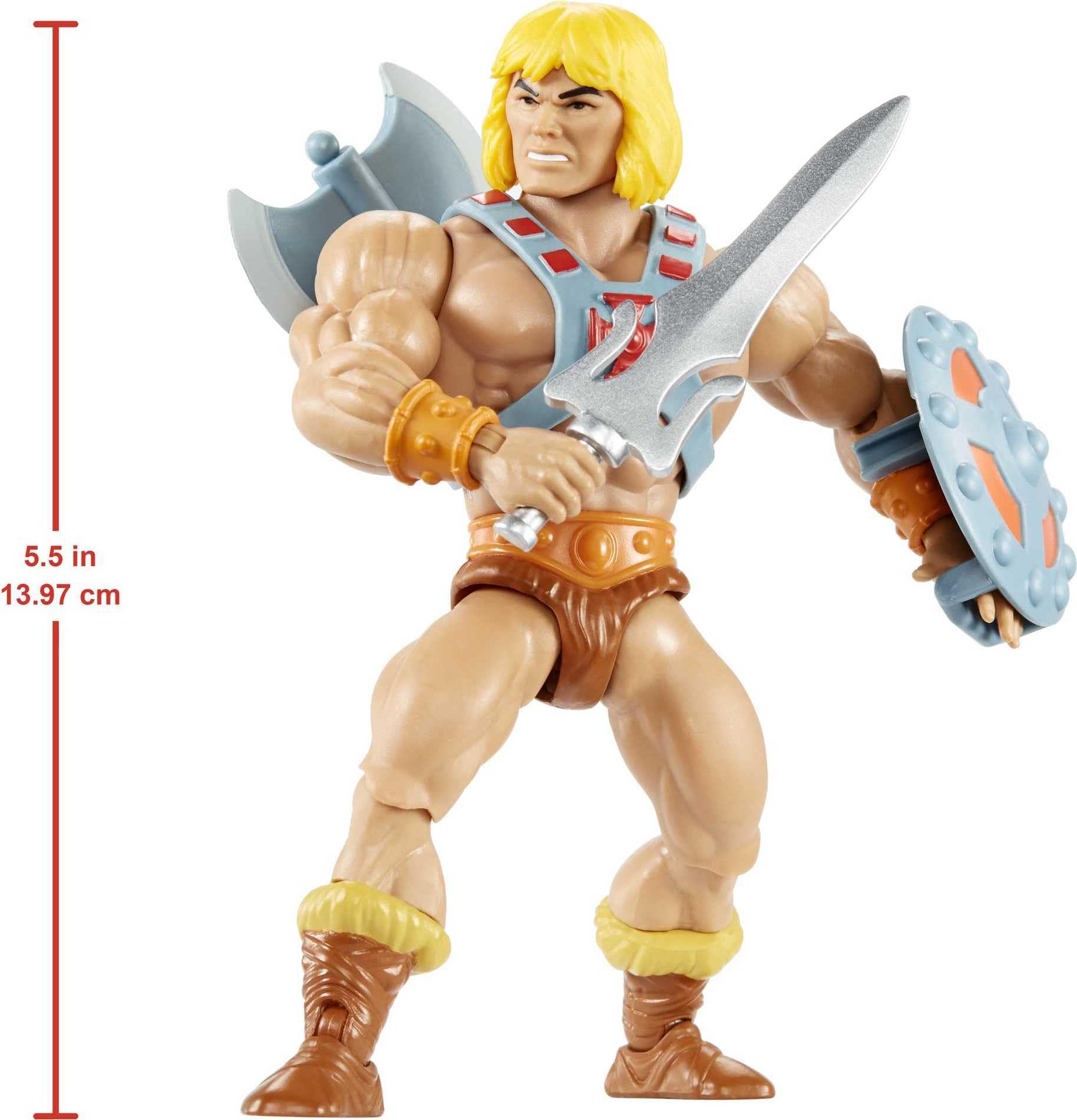 Masters of the Universe Origins He-Man Figurka (ok. 14 cm w skali), główny bohater serialu „He-Man i władcy wszechświata” z lat 80., szczegółowy wygląd, zabawka dla dzieci 6+, JNP97