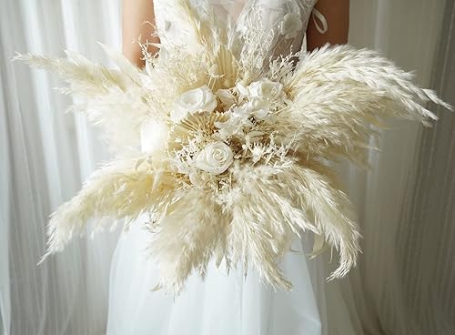 Miniatura 8 de Ramo de boda de rosas preservadas blancas puras y hierba de las pampas, regalo de noviadama de honor, ramo de flores secas y conservadas, ramo de