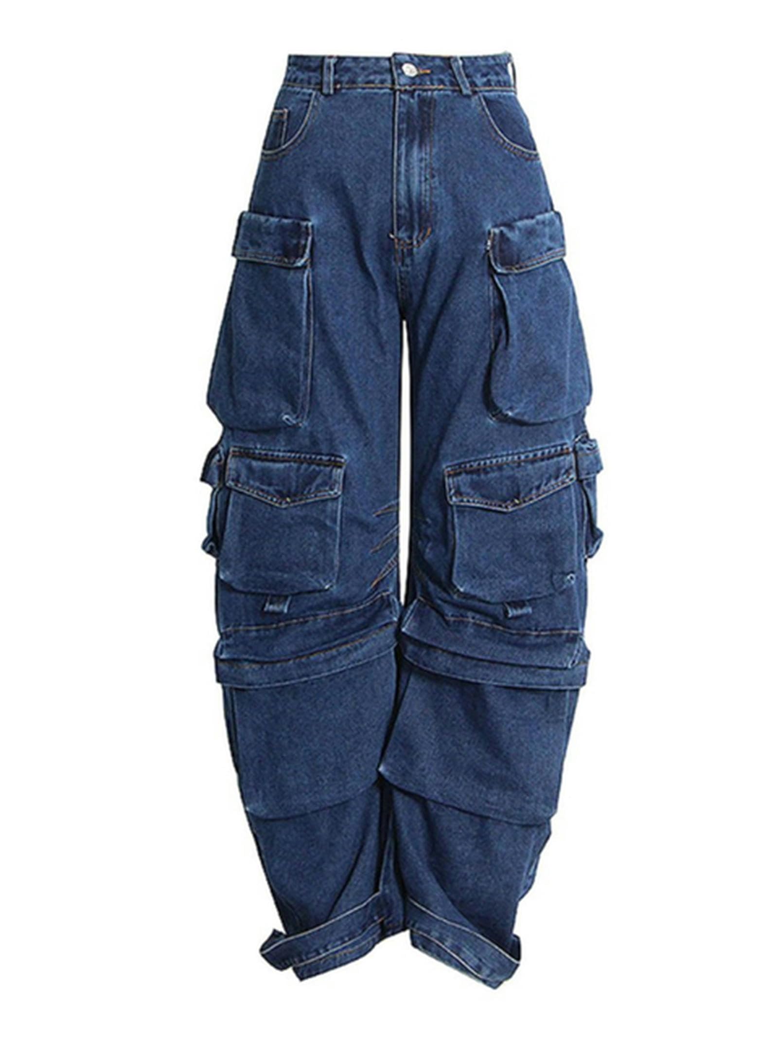 Multi-Pocket-Persönlichkeitsdesign, einfarbig, Y2K-Baggy-Jeans, Damen, High Street, Hip-Hop, weites Bein, lässig, gerade, hoch taillierte Jeans-1-M